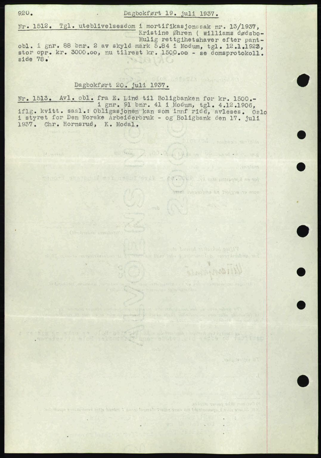 Eiker, Modum og Sigdal sorenskriveri, SAKO/A-123/G/Ga/Gab/L0035: Mortgage book no. A5, 1937-1937, Diary no: : 1512/1937