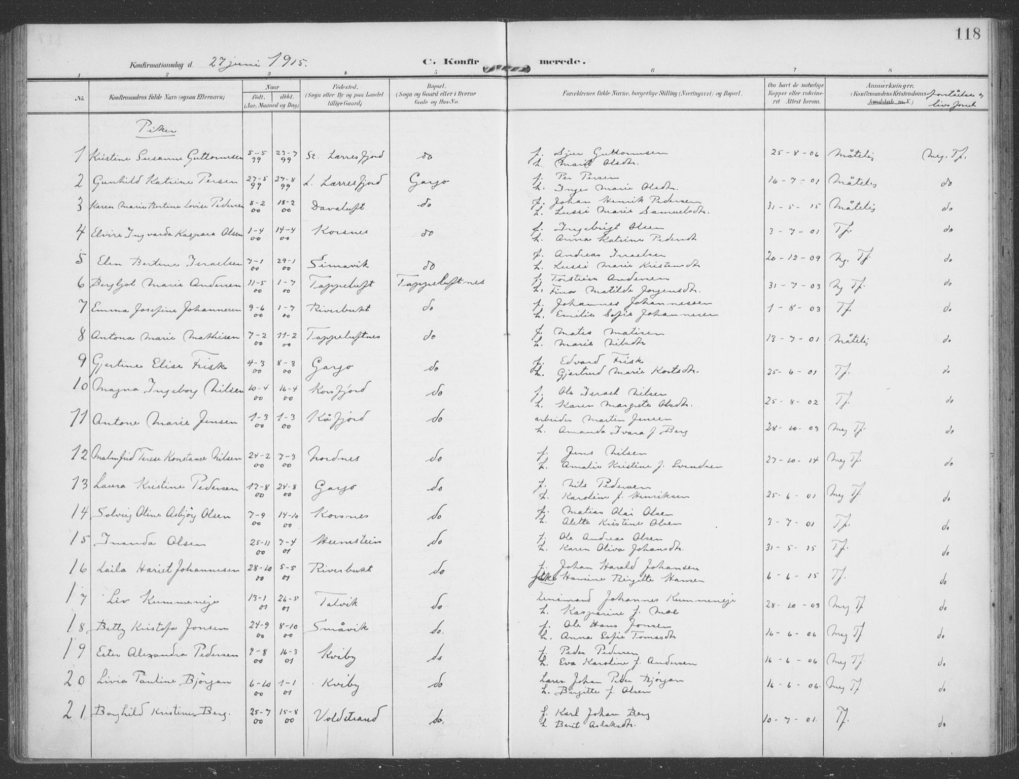 Talvik sokneprestkontor, SATØ/S-1337/H/Ha/L0017kirke: Parish register (official) no. 17, 1906-1915, p. 118