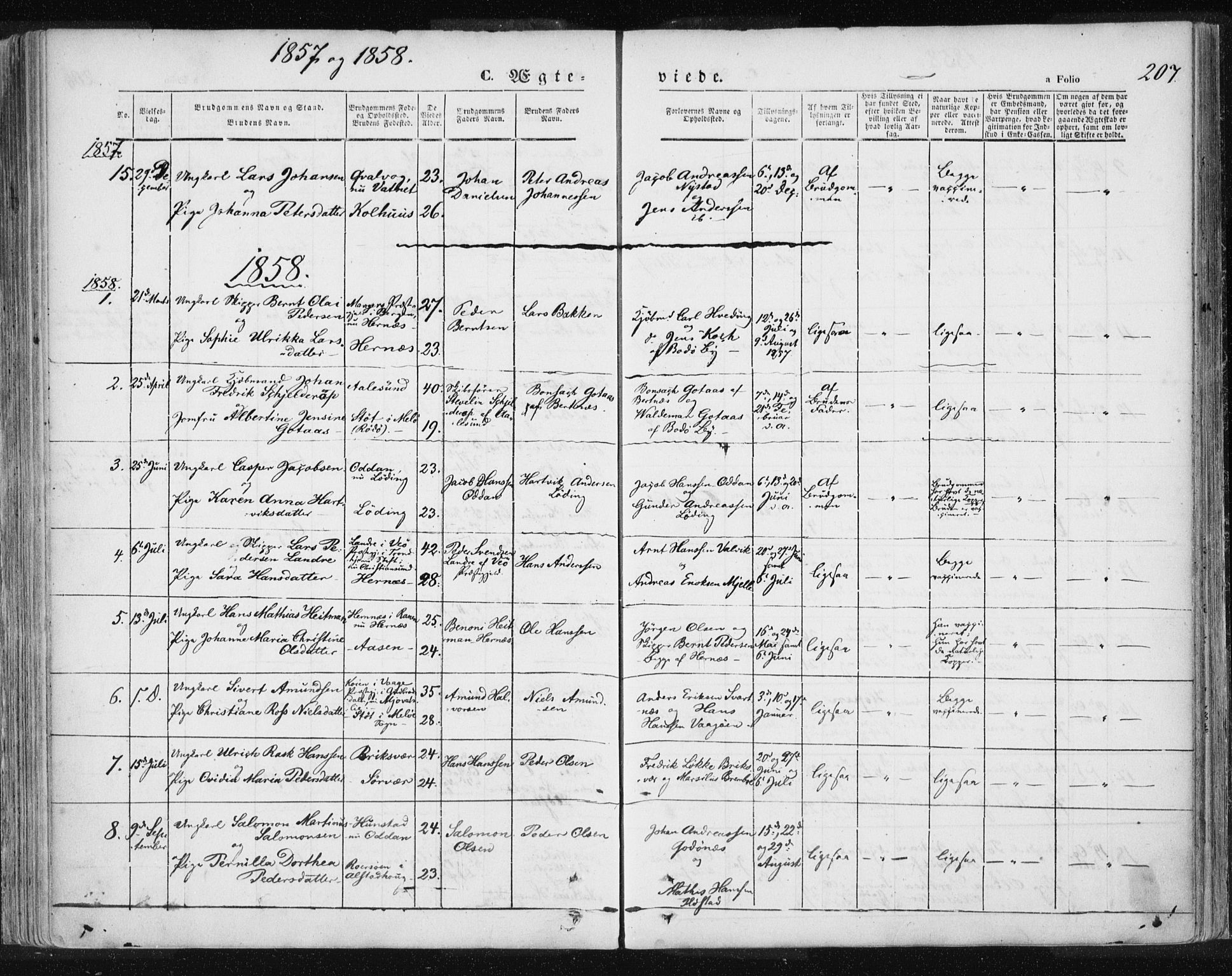 Ministerialprotokoller, klokkerbøker og fødselsregistre - Nordland, SAT/A-1459/801/L0007: Parish register (official) no. 801A07, 1845-1863, p. 207