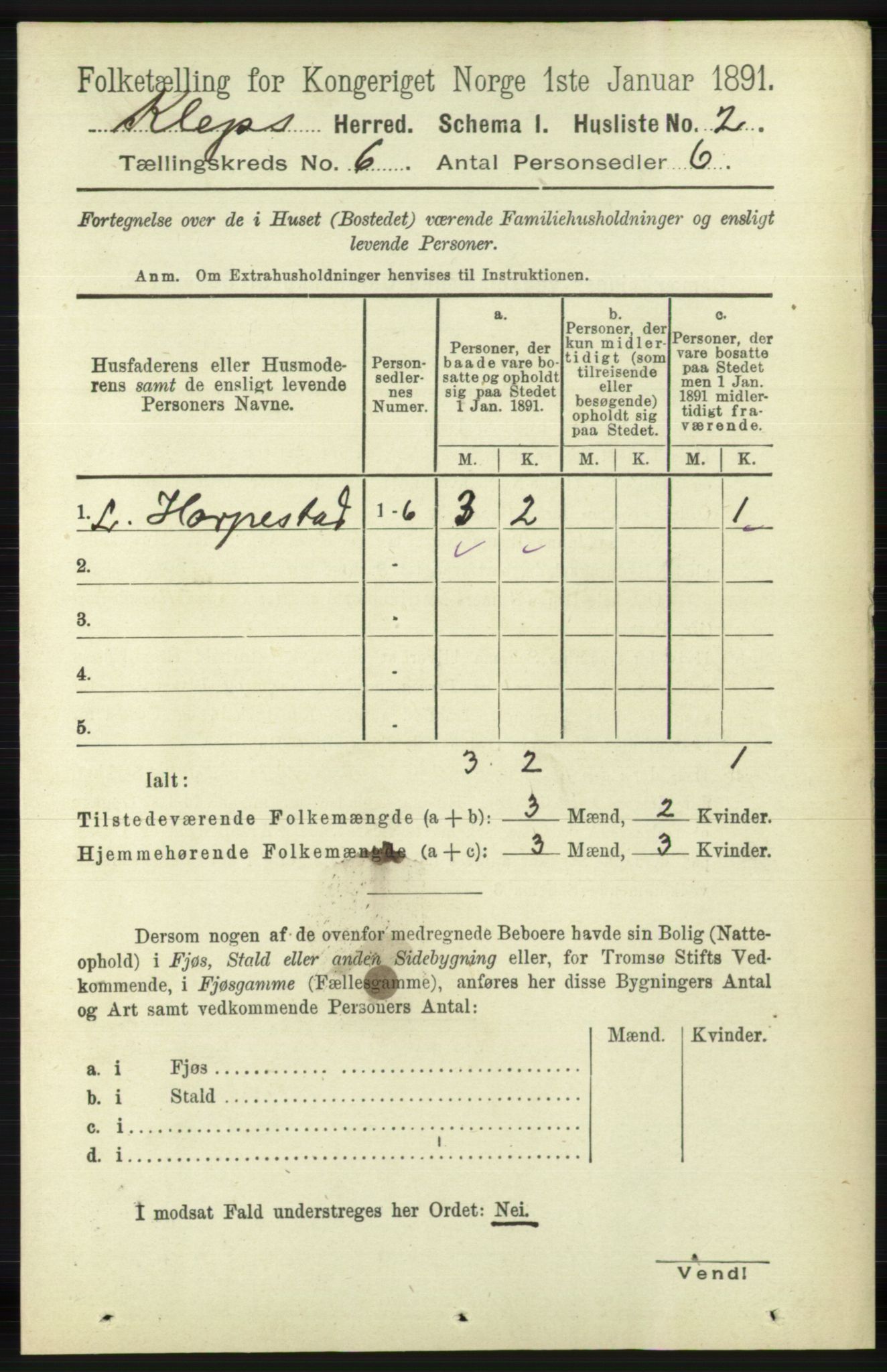 RA, 1891 census for 1120 Klepp, 1891, p. 1661