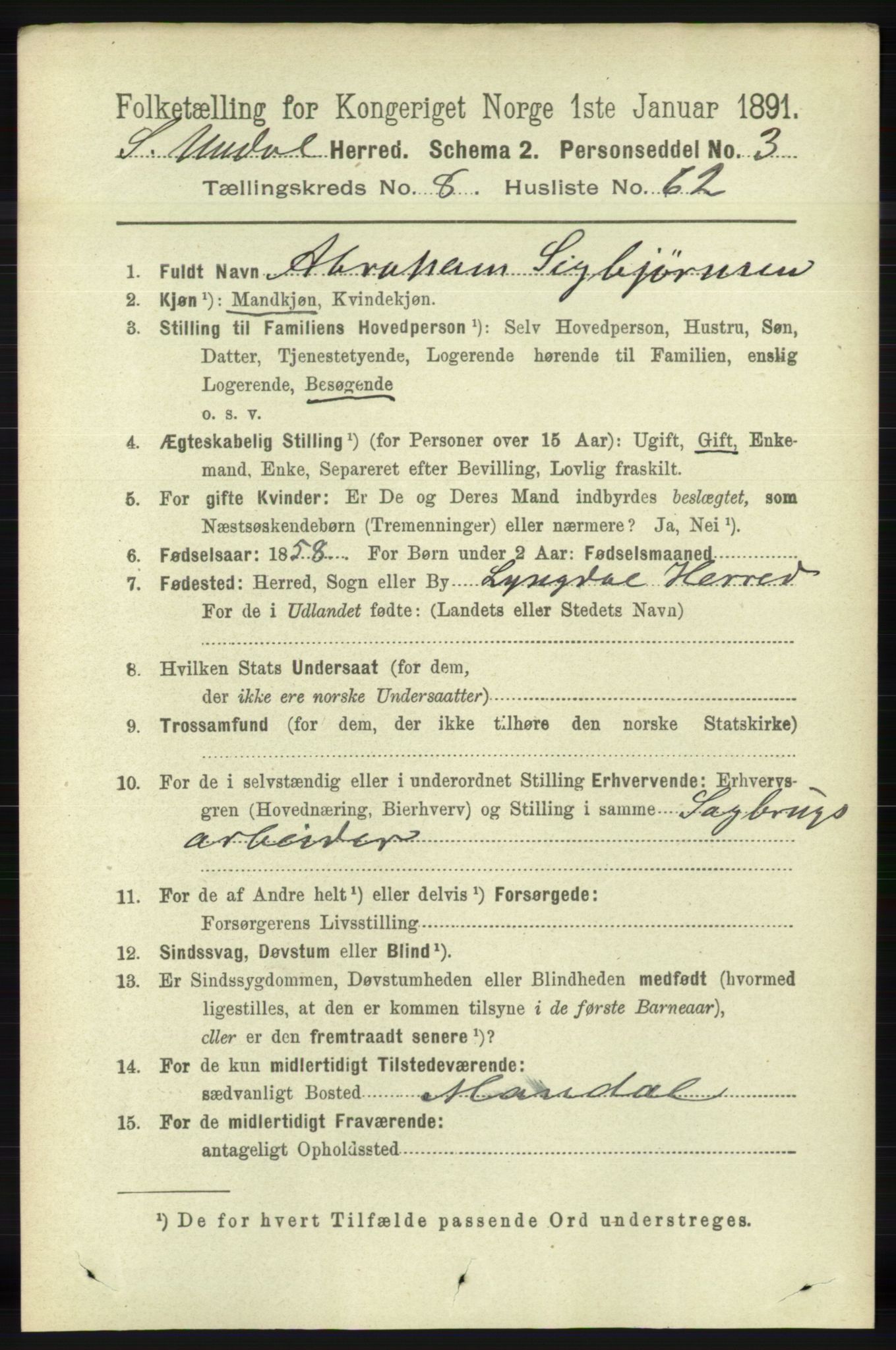 RA, 1891 census for 1029 Sør-Audnedal, 1891, p. 3450
