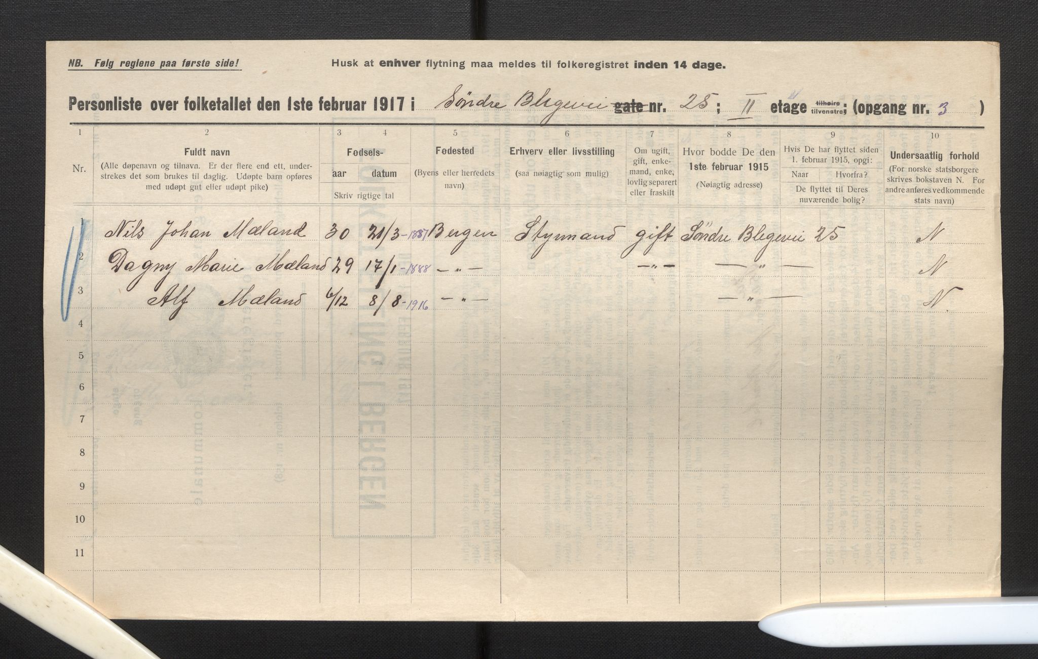 SAB, Municipal Census 1917 for Bergen, 1917, p. 3099