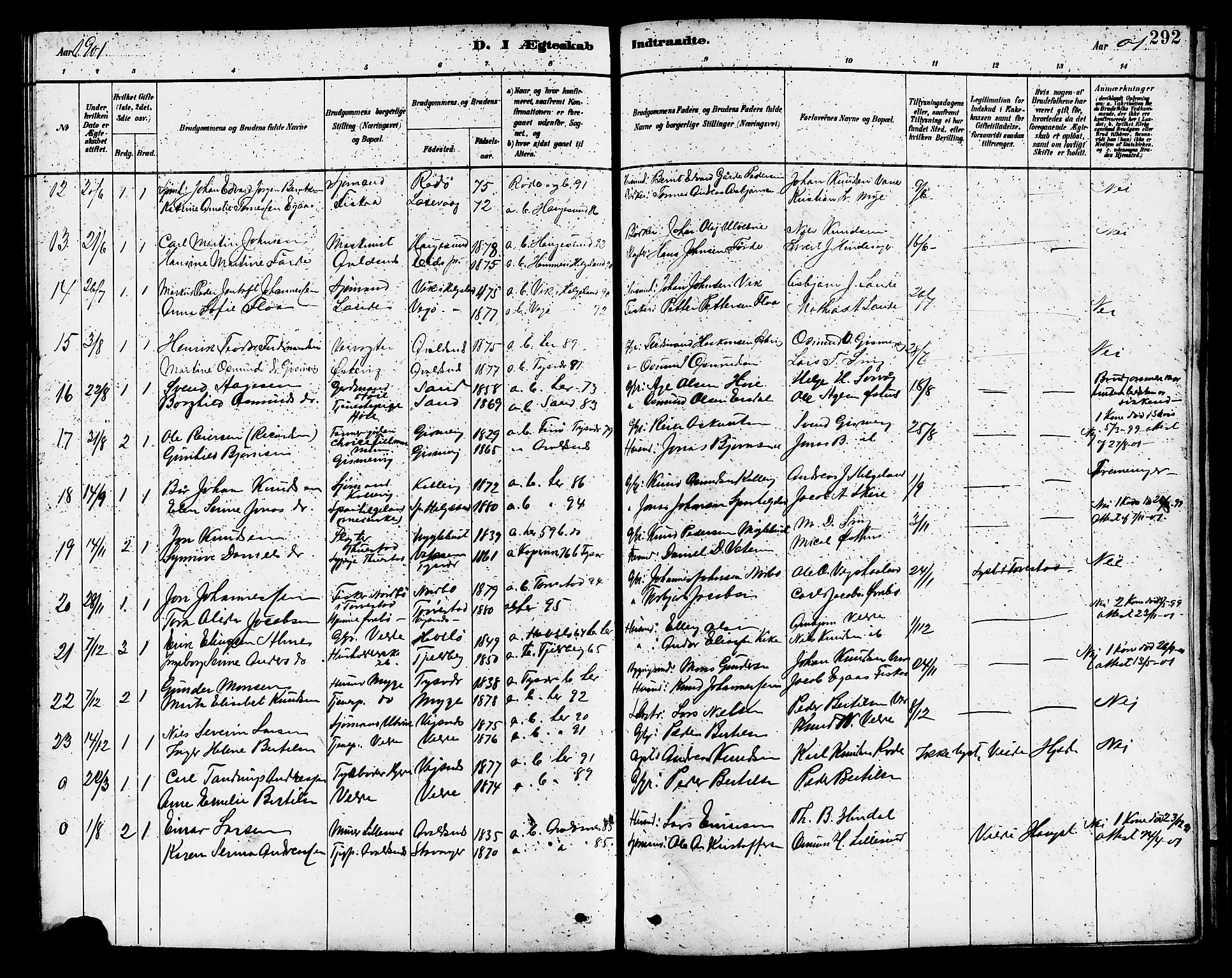Avaldsnes sokneprestkontor, AV/SAST-A -101851/H/Ha/Hab/L0007: Parish register (copy) no. B 7, 1885-1909, p. 292