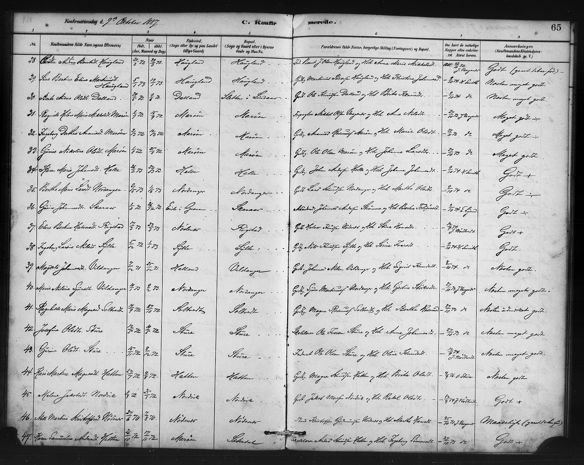 Manger sokneprestembete, SAB/A-76801/H/Haa: Parish register (official) no. C 1, 1881-1890, p. 65