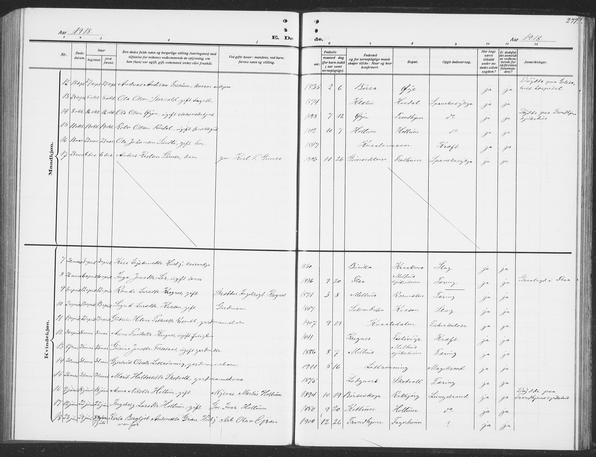 Ministerialprotokoller, klokkerbøker og fødselsregistre - Sør-Trøndelag, AV/SAT-A-1456/691/L1095: Parish register (copy) no. 691C06, 1912-1933, p. 277