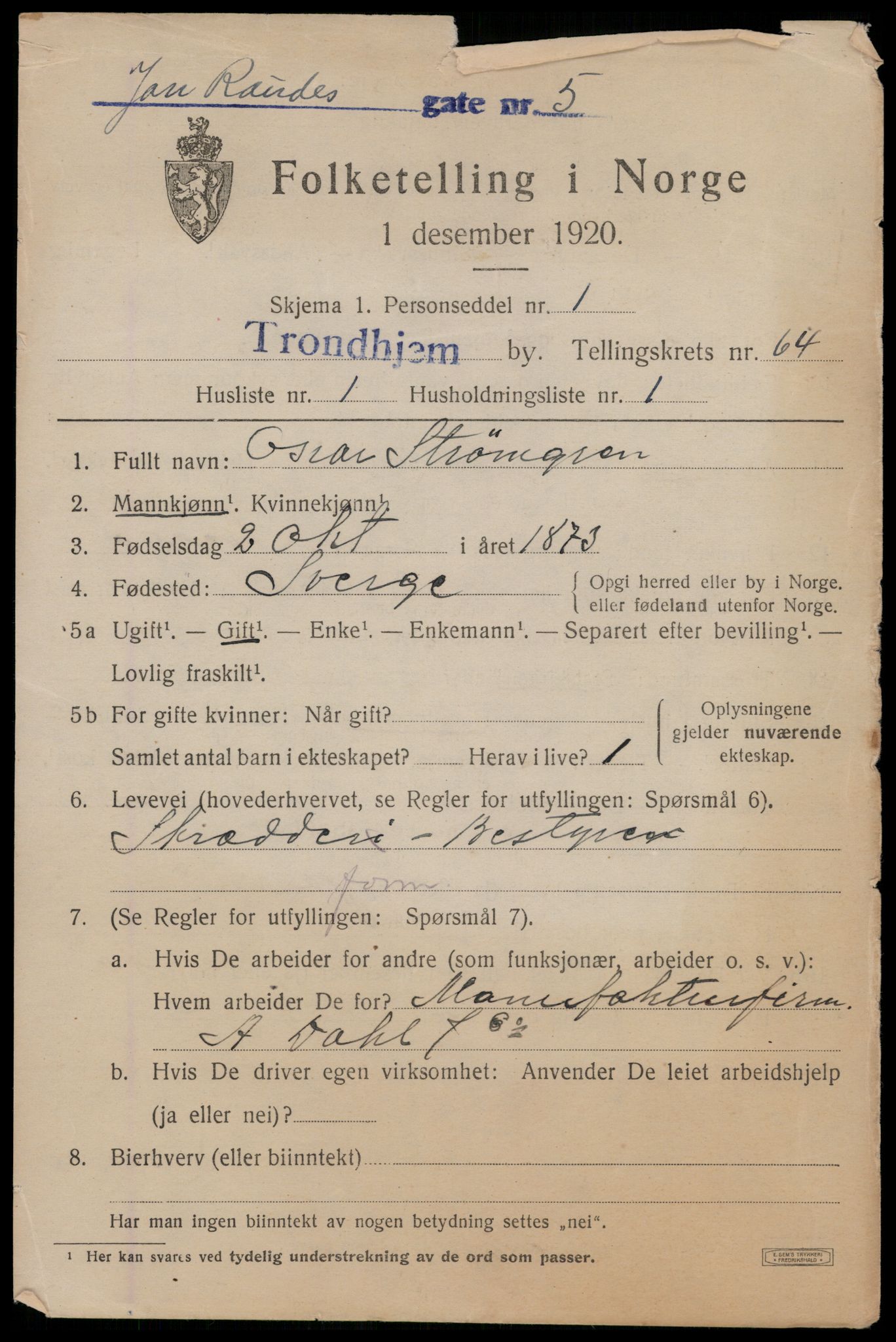 SAT, 1920 census for Trondheim, 1920, p. 127136