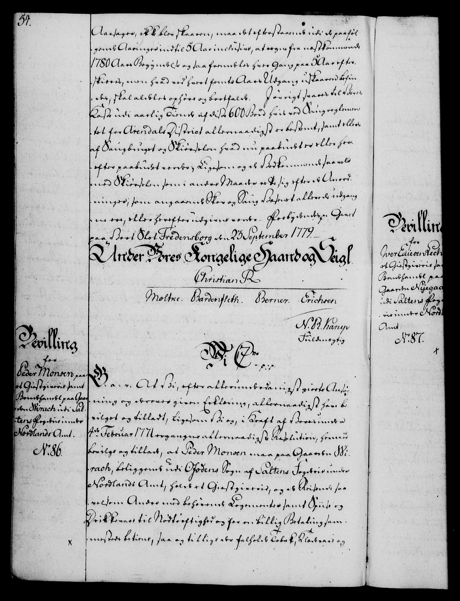 Rentekammeret, Kammerkanselliet, AV/RA-EA-3111/G/Gg/Gga/L0011: Norsk ekspedisjonsprotokoll med register (merket RK 53.11), 1779-1781, p. 54