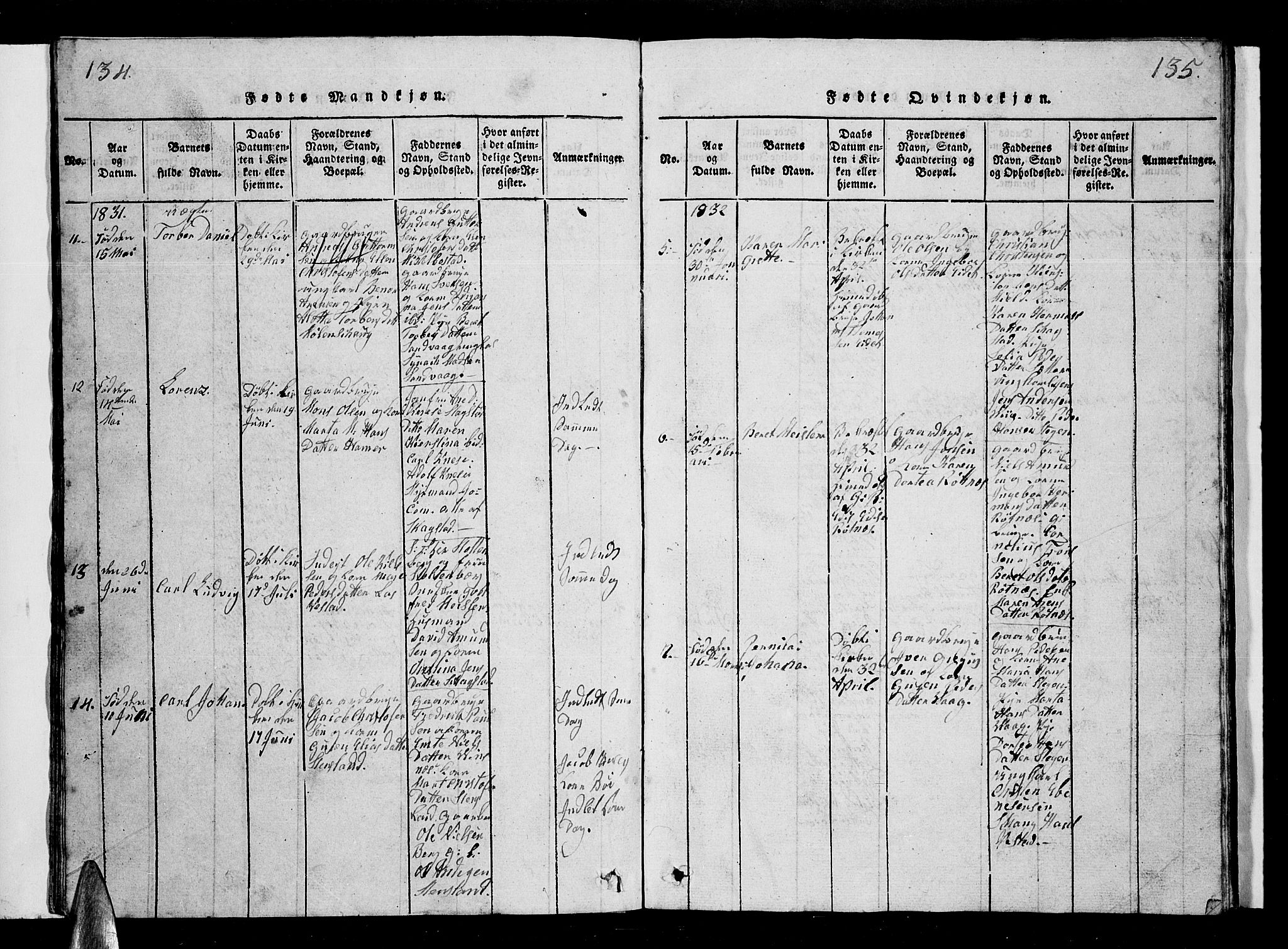 Ministerialprotokoller, klokkerbøker og fødselsregistre - Nordland, AV/SAT-A-1459/855/L0812: Parish register (copy) no. 855C01, 1821-1838, p. 134-135