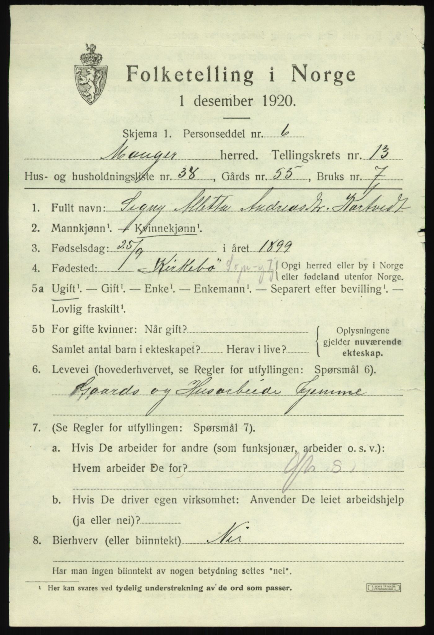 SAB, 1920 census for Manger, 1920, p. 8260