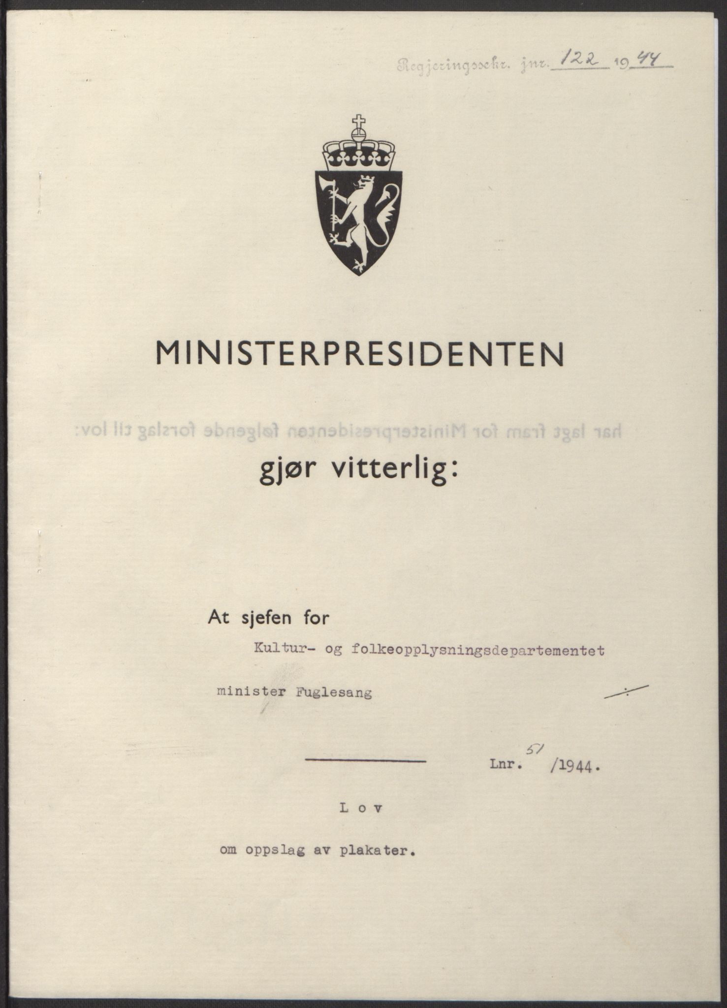 NS-administrasjonen 1940-1945 (Statsrådsekretariatet, de kommisariske statsråder mm), RA/S-4279/D/Db/L0100: Lover, 1944, p. 239