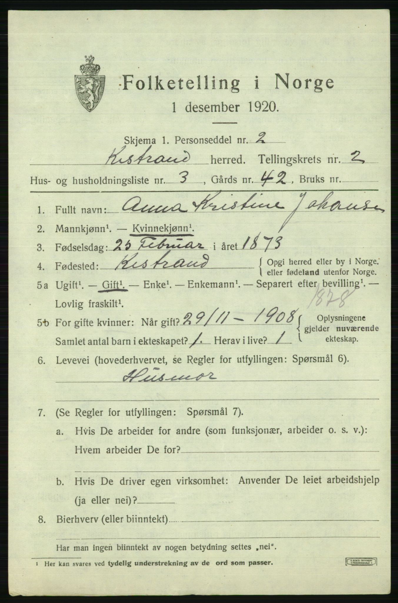 SATØ, 1920 census for Kistrand, 1920, p. 1514