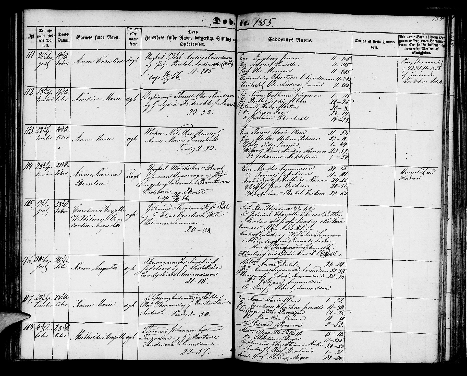 Korskirken sokneprestembete, AV/SAB-A-76101/H/Hab: Parish register (copy) no. B 3, 1853-1858, p. 154