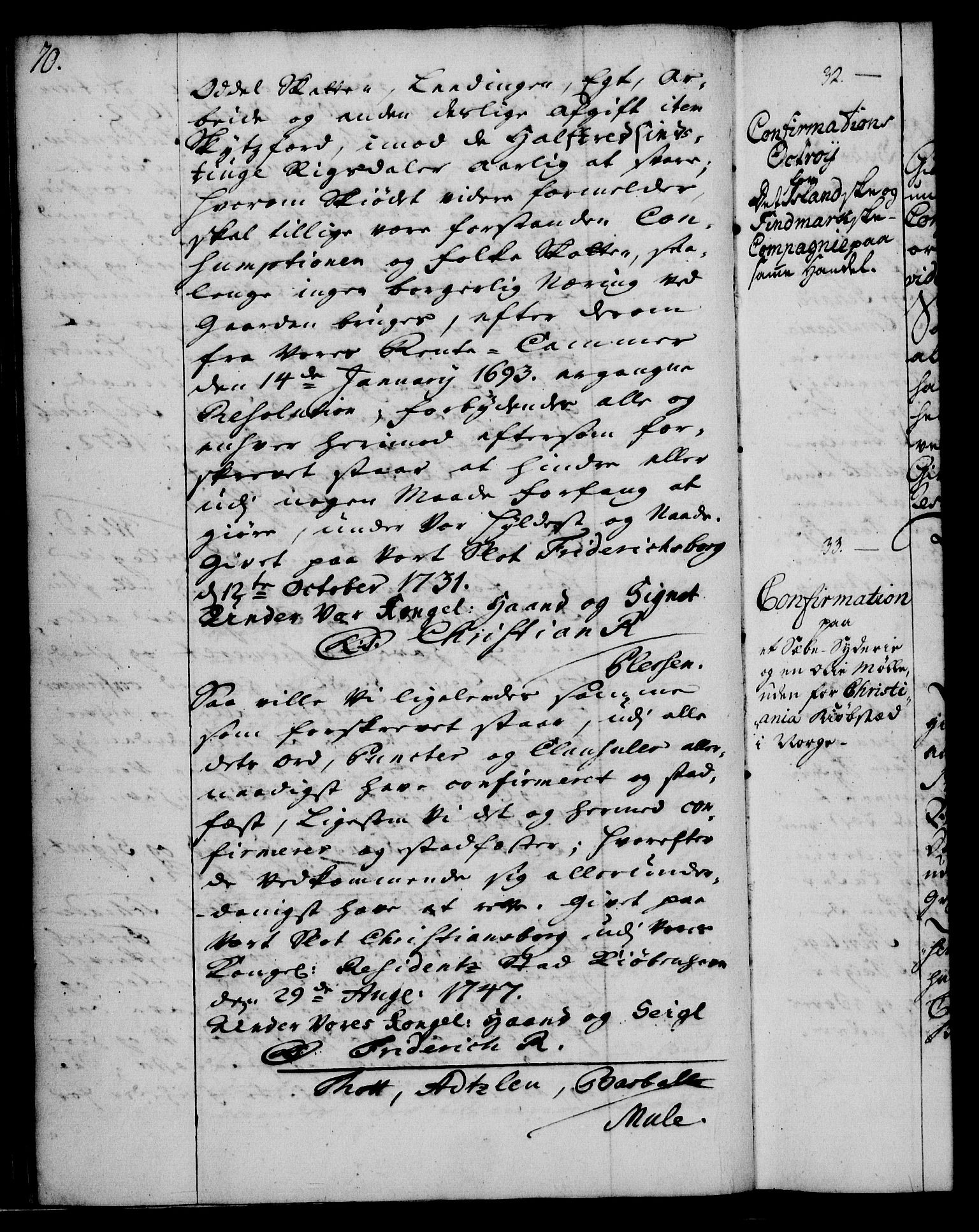 Rentekammeret, Kammerkanselliet, RA/EA-3111/G/Gg/Ggc/Ggca/L0001: Norsk konfirmasjonsekspedisjonsprotokoll med register (merket RK 53.23), 1746-1750, p. 70