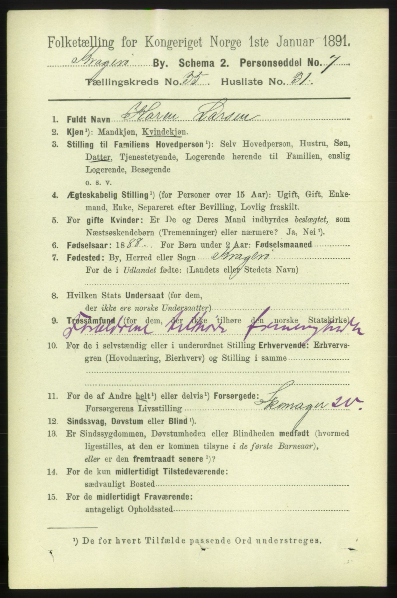 RA, 1891 census for 0801 Kragerø, 1891, p. 6454