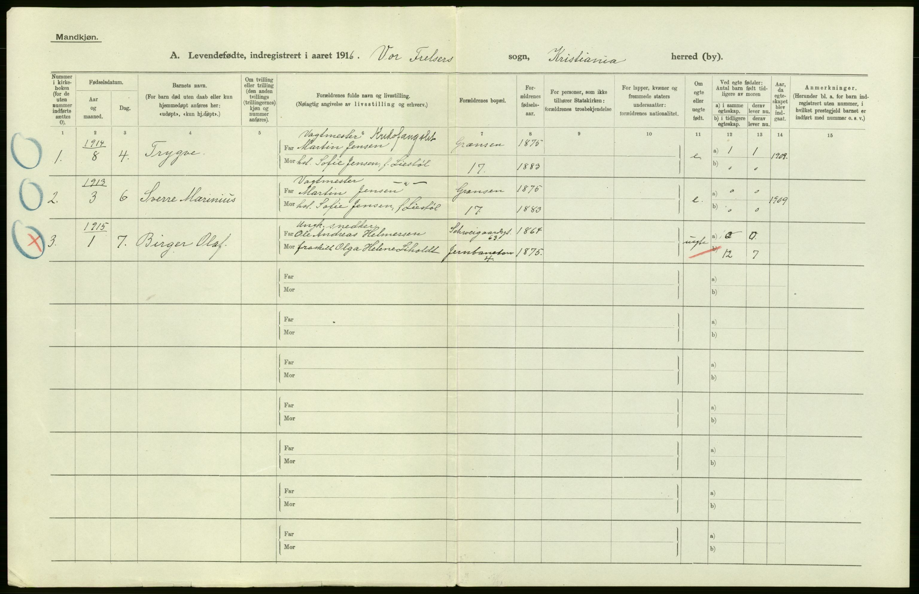 Statistisk sentralbyrå, Sosiodemografiske emner, Befolkning, RA/S-2228/D/Df/Dfb/Dfbf/L0006: Kristiania: Levendefødte menn og kvinner., 1916, p. 2