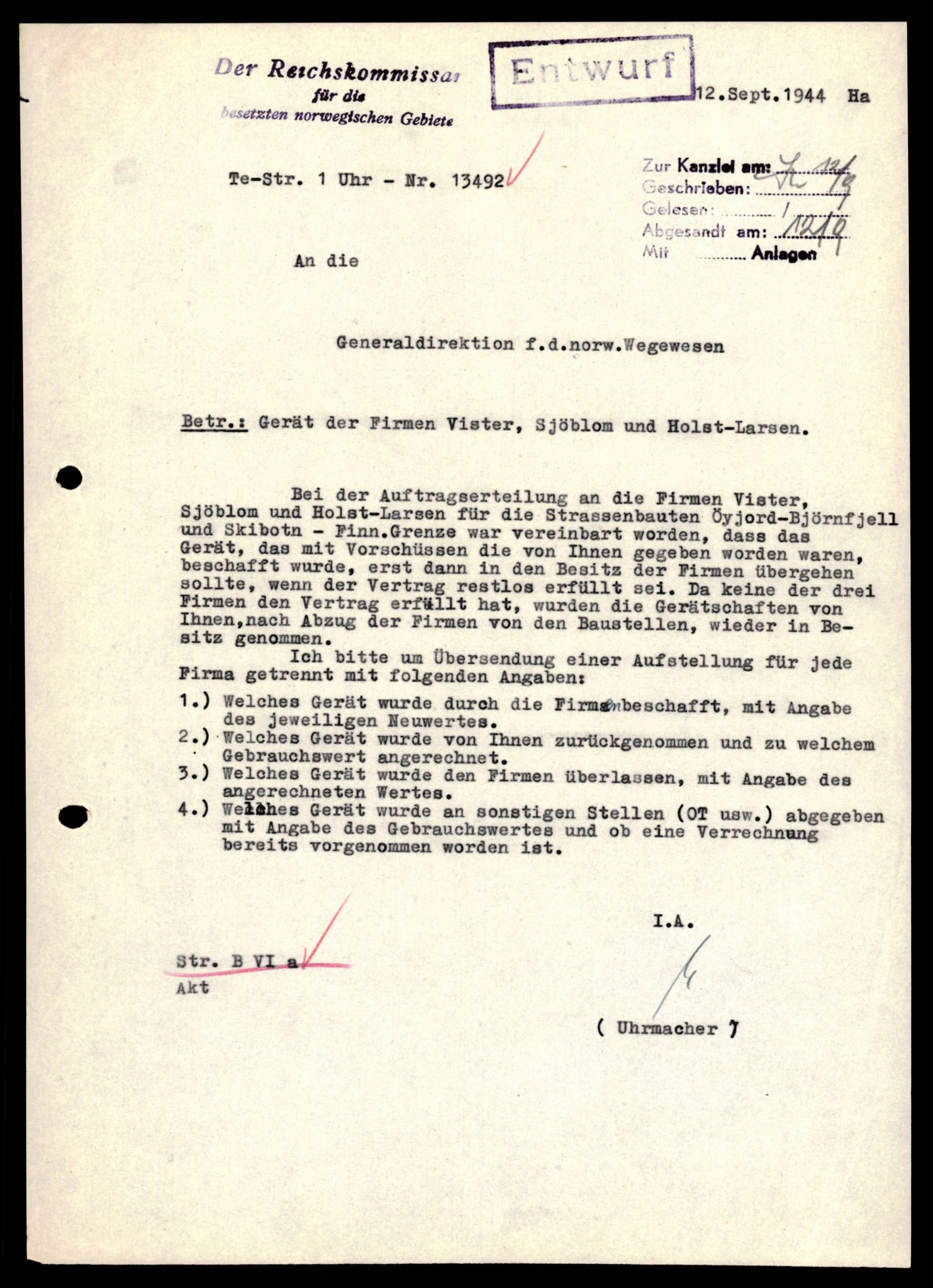 Forsvarets Overkommando. 2 kontor. Arkiv 11.4. Spredte tyske arkivsaker, AV/RA-RAFA-7031/D/Dar/Darb/L0001: Reichskommissariat - Hauptabteilung Technik und Verkehr, 1940-1944, p. 472