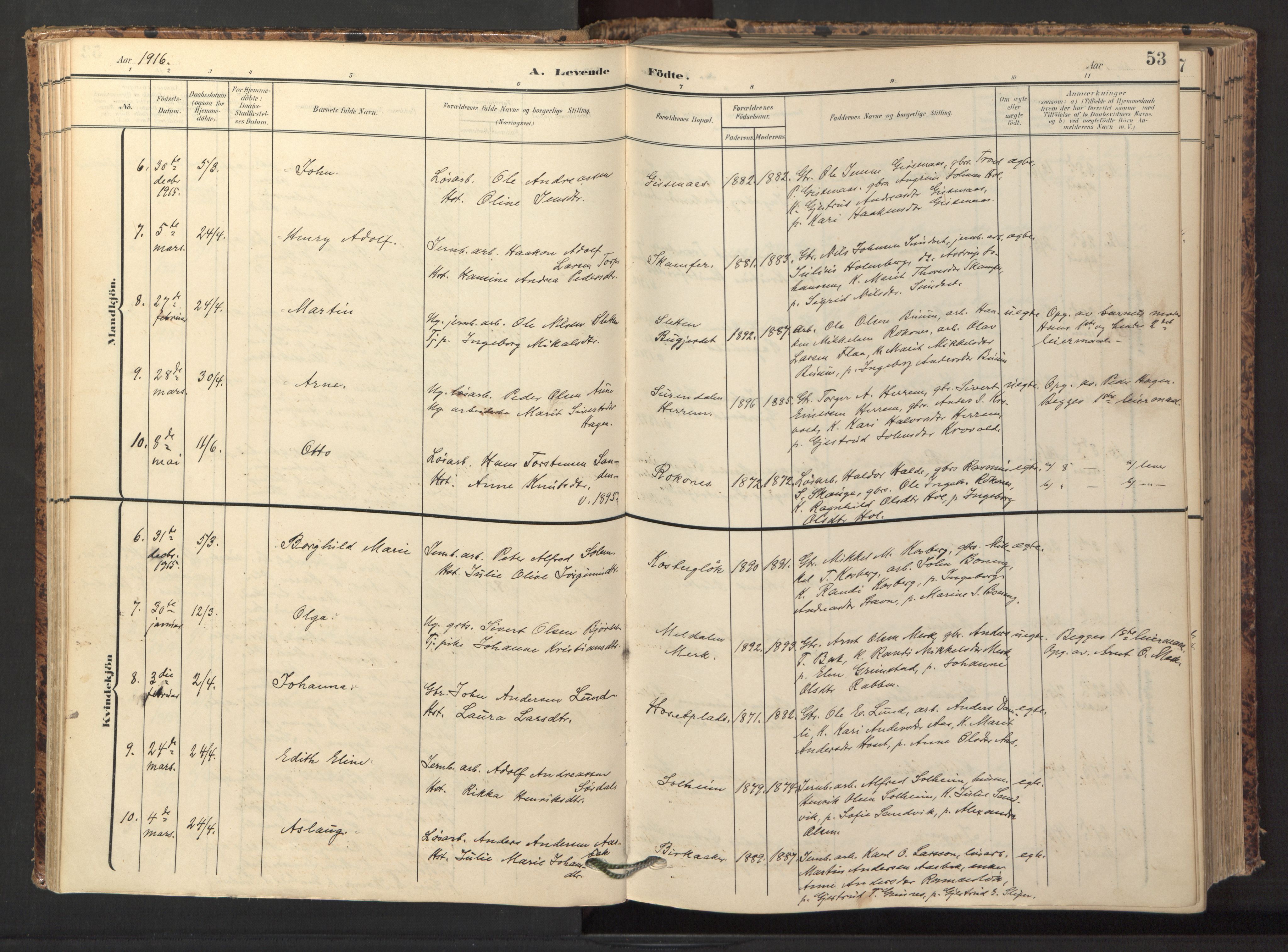 Ministerialprotokoller, klokkerbøker og fødselsregistre - Sør-Trøndelag, AV/SAT-A-1456/674/L0873: Parish register (official) no. 674A05, 1908-1923, p. 53