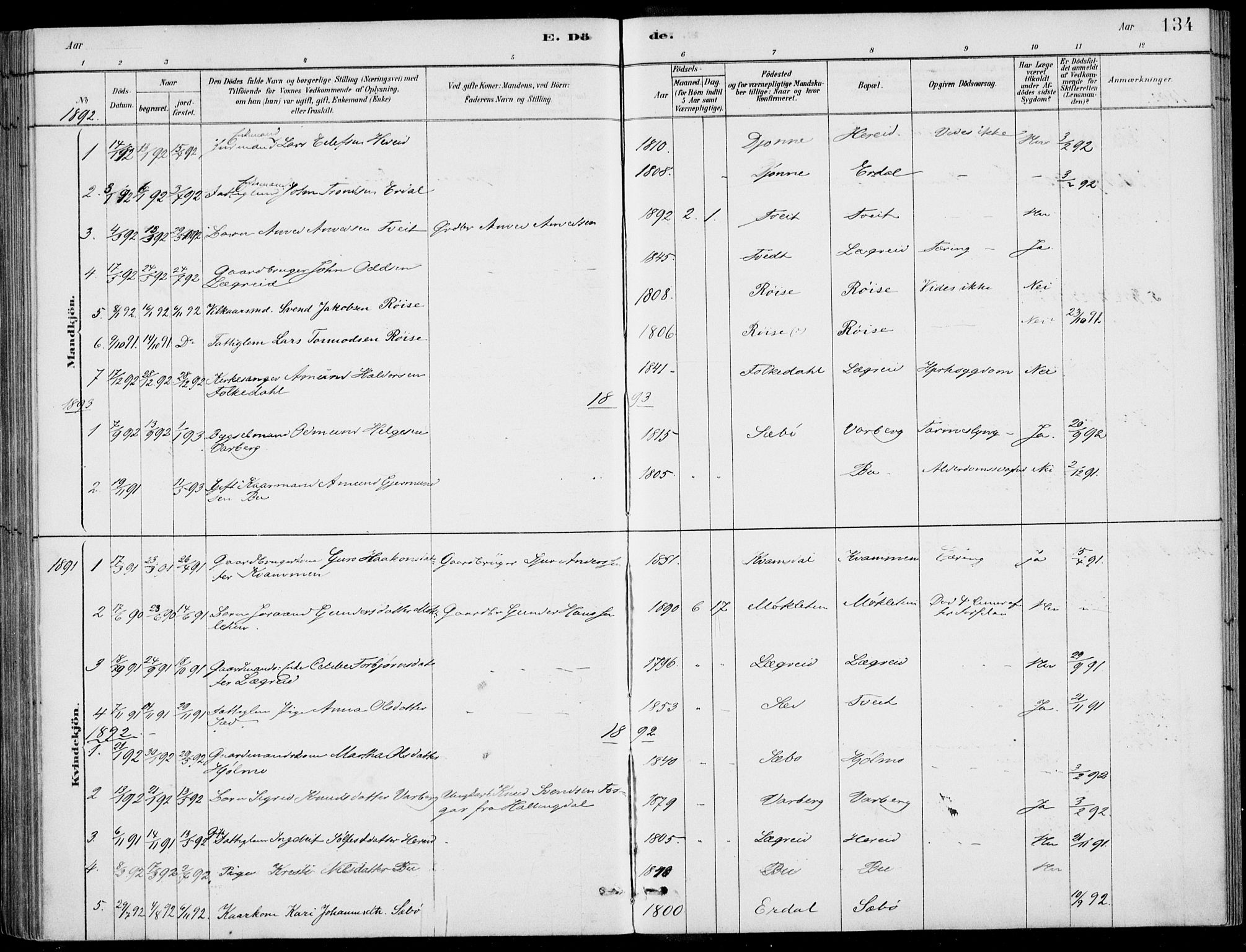 Ulvik sokneprestembete, SAB/A-78801/H/Haa: Parish register (official) no. D  1, 1878-1903, p. 134