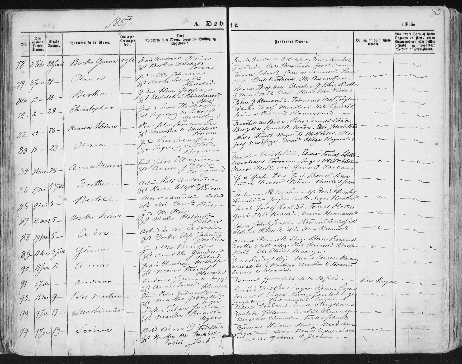 Hetland sokneprestkontor, AV/SAST-A-101826/30/30BA/L0002: Parish register (official) no. A 2, 1849-1869, p. 83