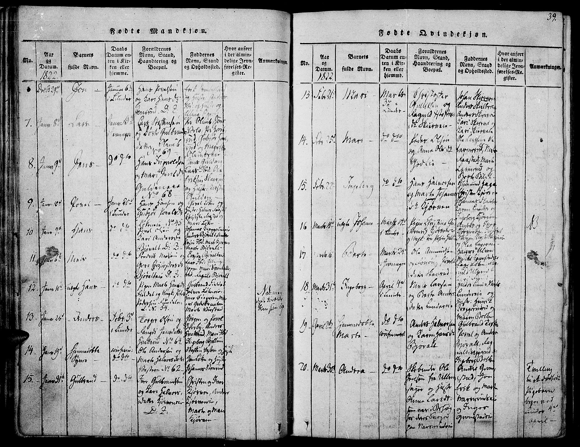 Jevnaker prestekontor, SAH/PREST-116/H/Ha/Haa/L0005: Parish register (official) no. 5, 1815-1837, p. 39