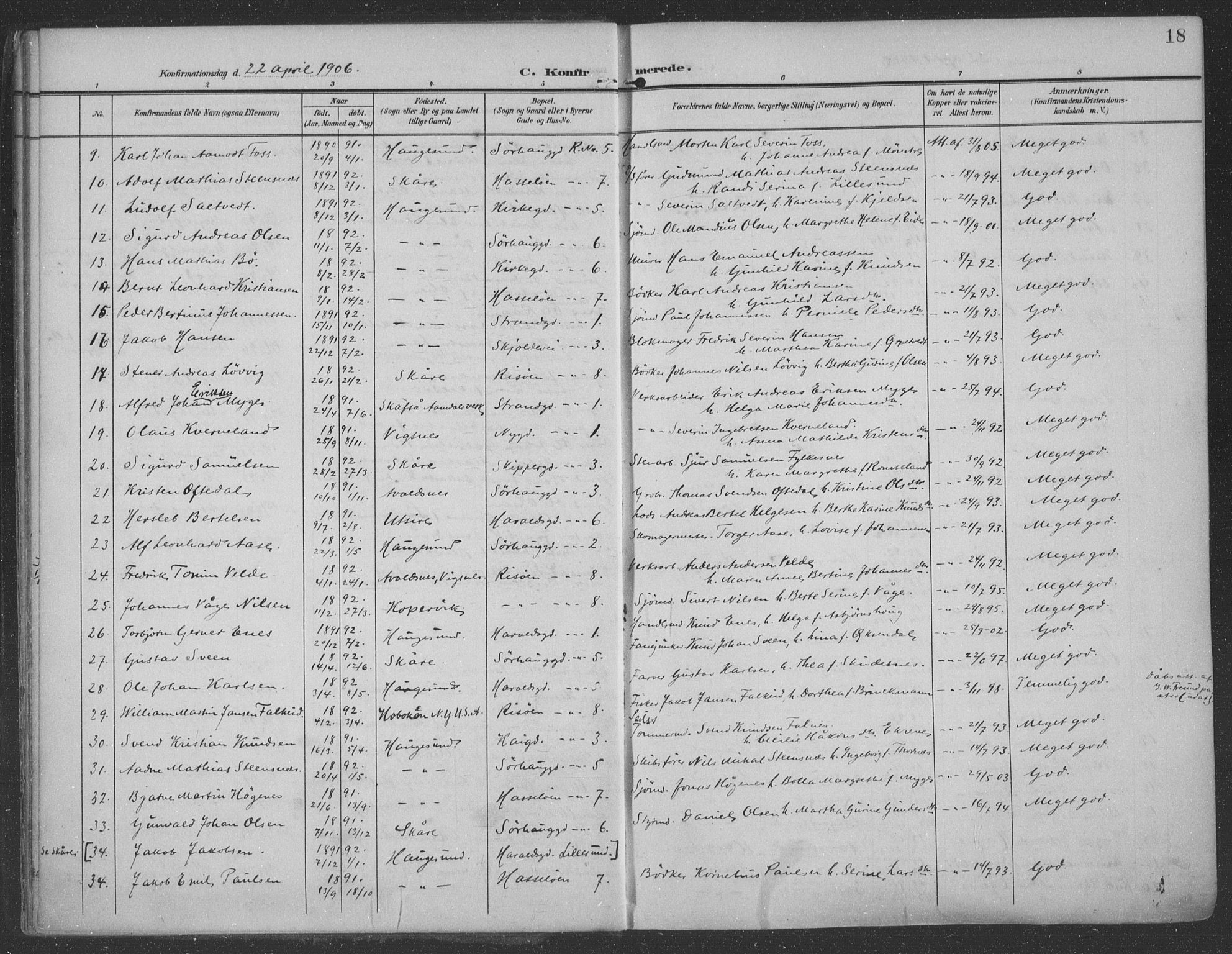 Haugesund sokneprestkontor, AV/SAST-A -101863/H/Ha/Haa/L0007: Parish register (official) no. A 7, 1904-1916, p. 18