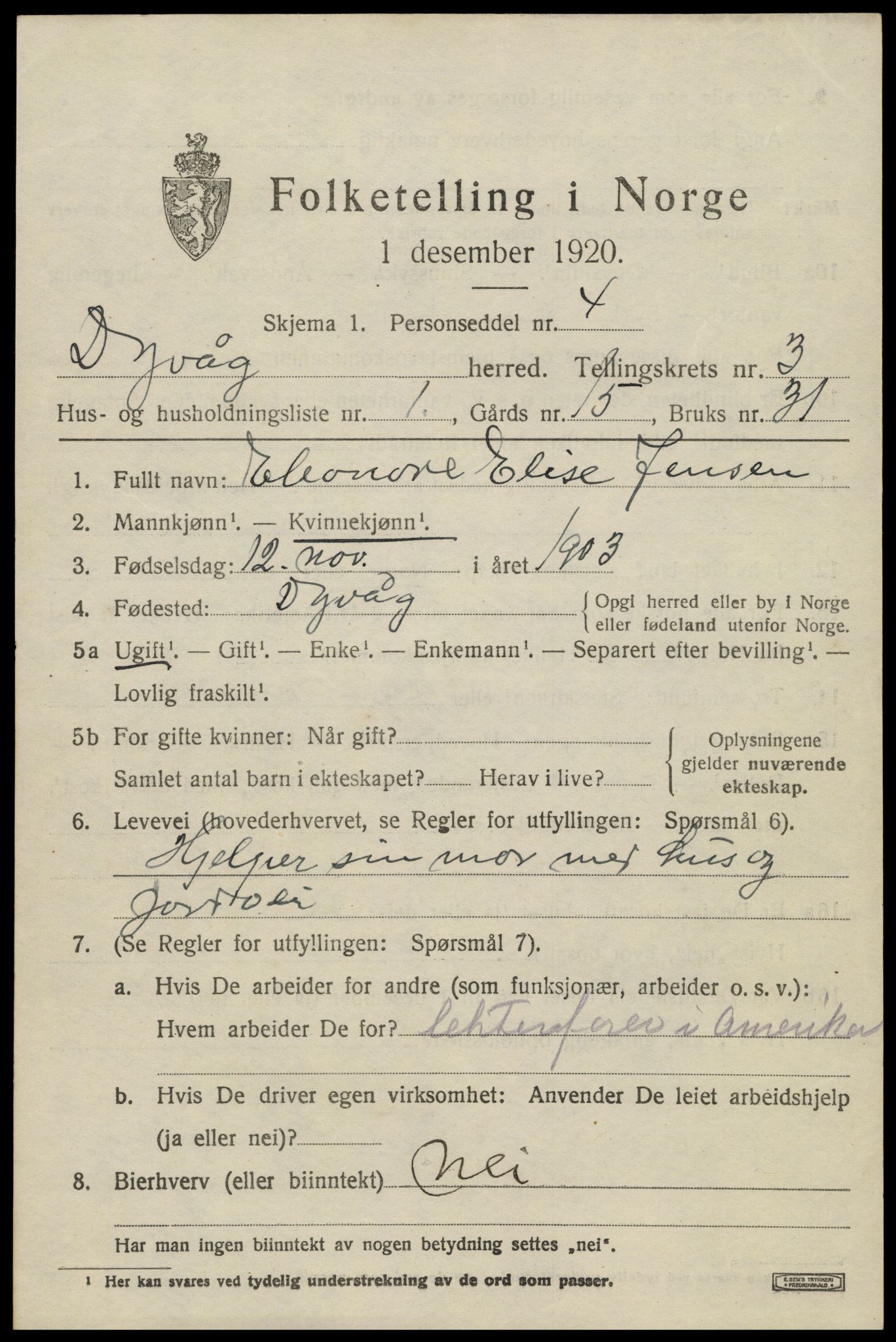 SAK, 1920 census for Dypvåg, 1920, p. 2299