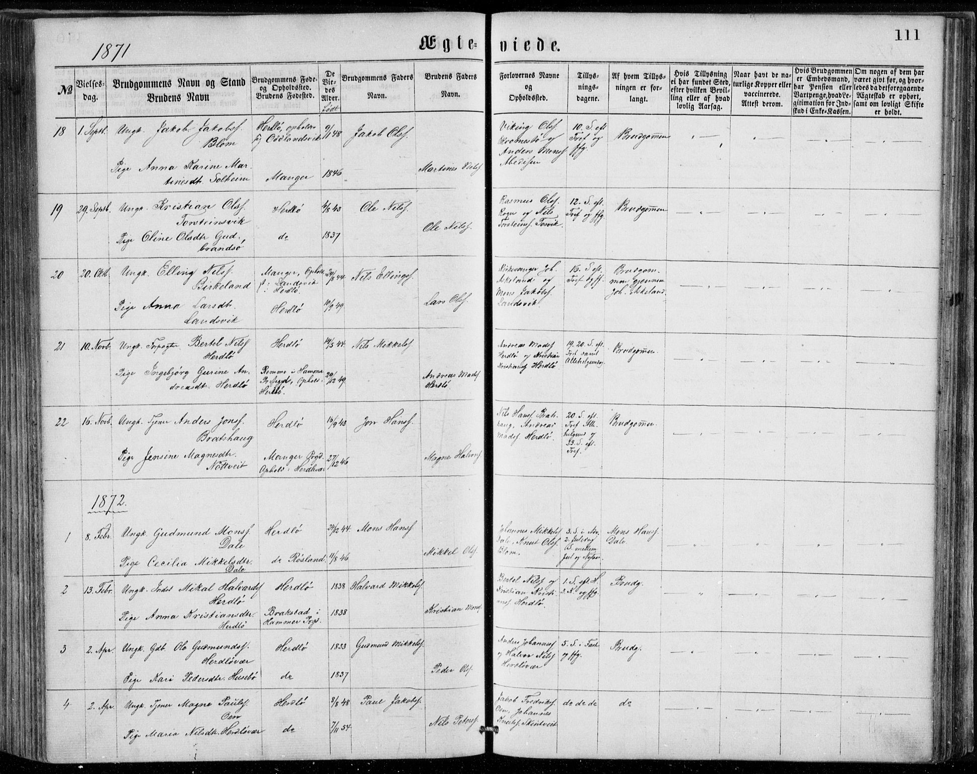 Herdla Sokneprestembete, SAB/A-75701/H/Haa: Parish register (official) no. A 2, 1869-1877, p. 111