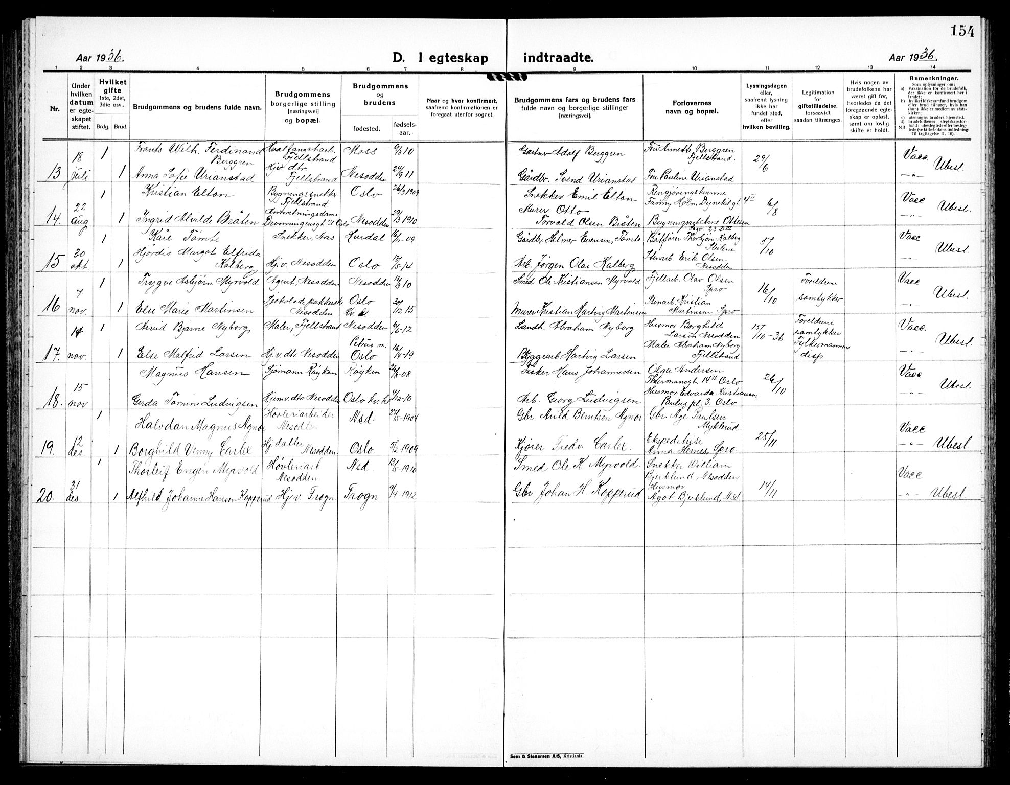 Nesodden prestekontor Kirkebøker, AV/SAO-A-10013/G/Ga/L0003: Parish register (copy) no. I 3, 1924-1939, p. 154