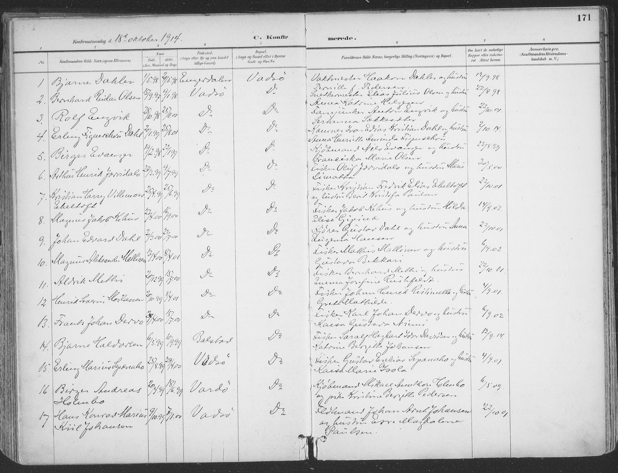 Vadsø sokneprestkontor, SATØ/S-1325/H/Ha/L0007kirke: Parish register (official) no. 7, 1896-1916, p. 171