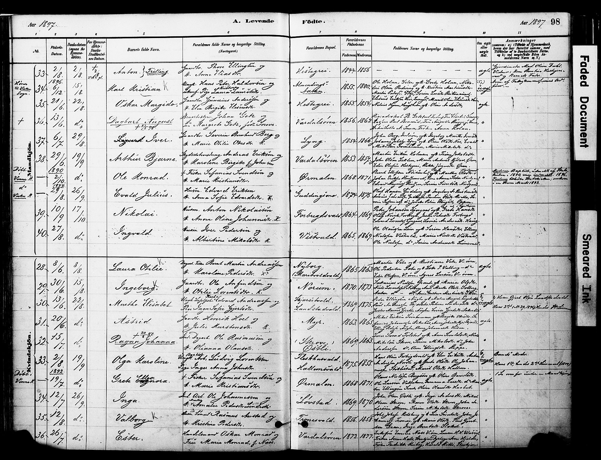 Ministerialprotokoller, klokkerbøker og fødselsregistre - Nord-Trøndelag, AV/SAT-A-1458/723/L0244: Parish register (official) no. 723A13, 1881-1899, p. 98