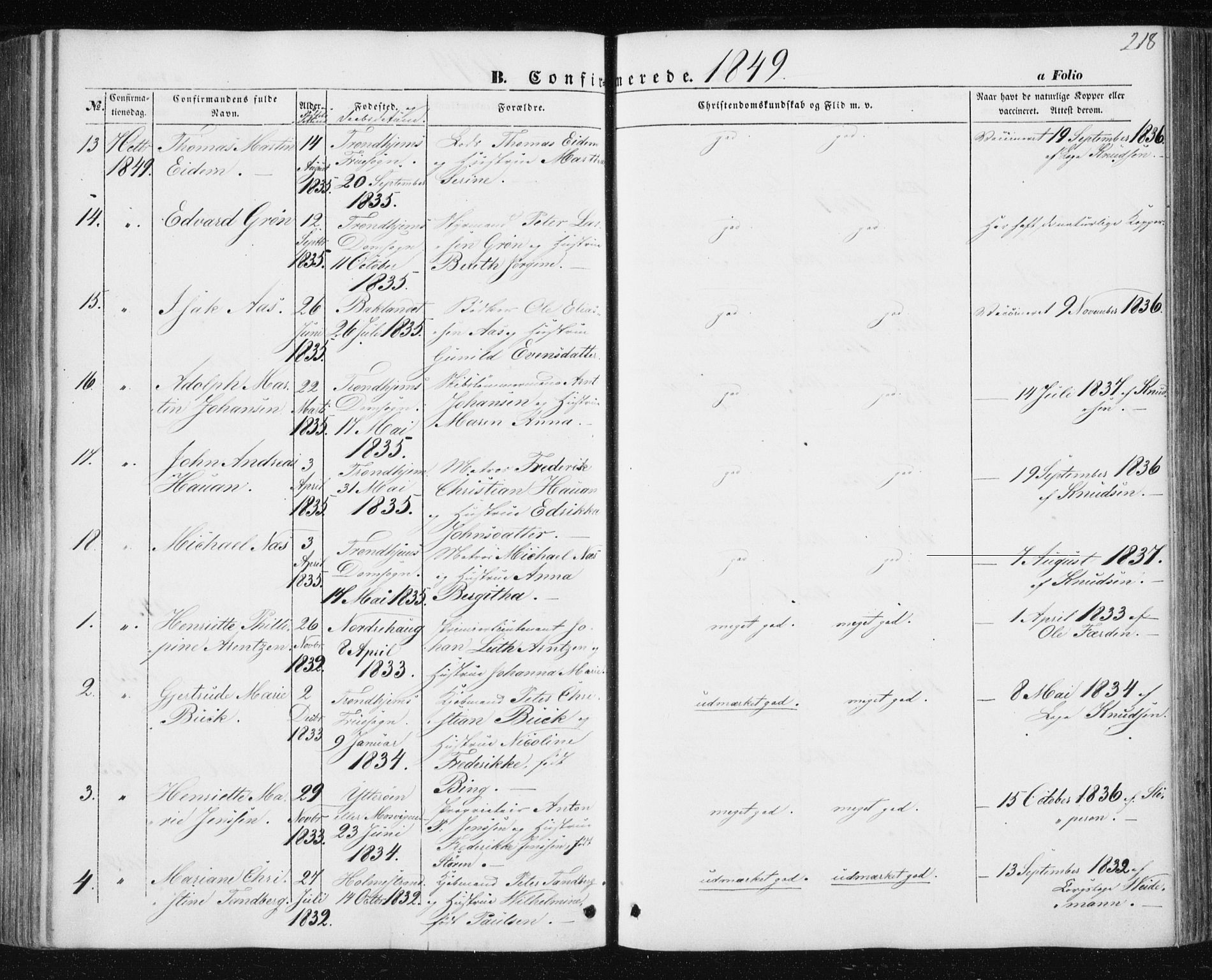 Ministerialprotokoller, klokkerbøker og fødselsregistre - Sør-Trøndelag, AV/SAT-A-1456/602/L0112: Parish register (official) no. 602A10, 1848-1859, p. 218