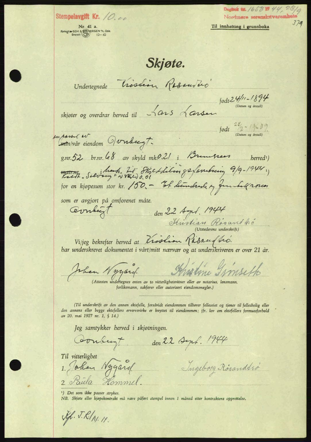 Nordmøre sorenskriveri, AV/SAT-A-4132/1/2/2Ca: Mortgage book no. A98, 1944-1944, Diary no: : 1653/1944