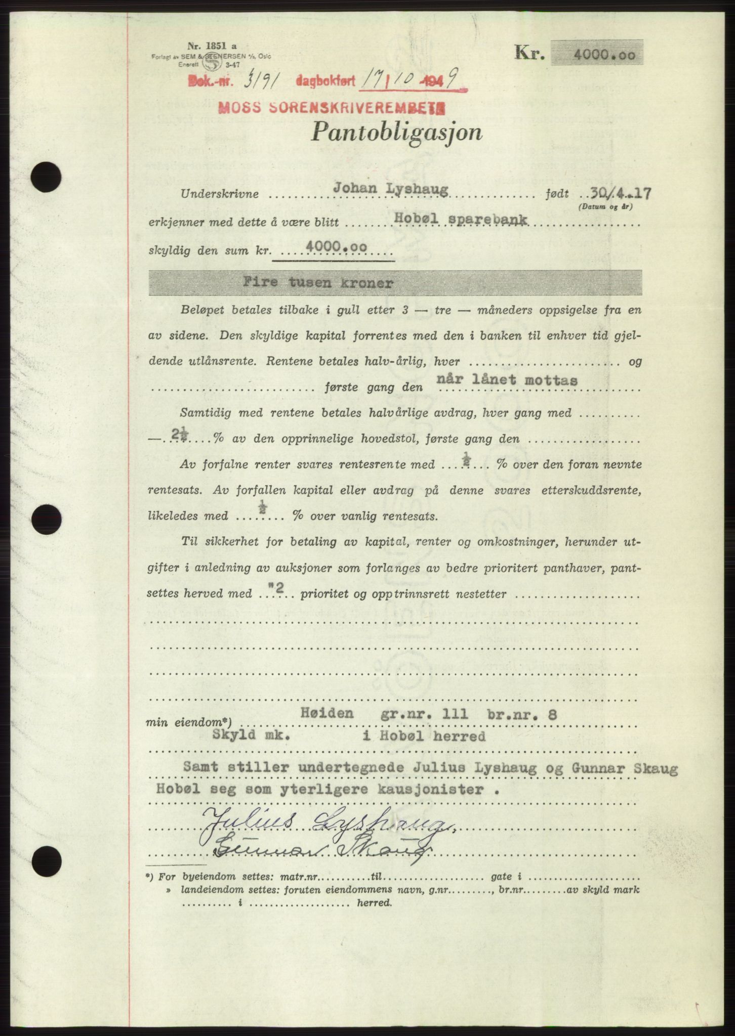 Moss sorenskriveri, SAO/A-10168: Mortgage book no. B23, 1949-1950, Diary no: : 3191/1949