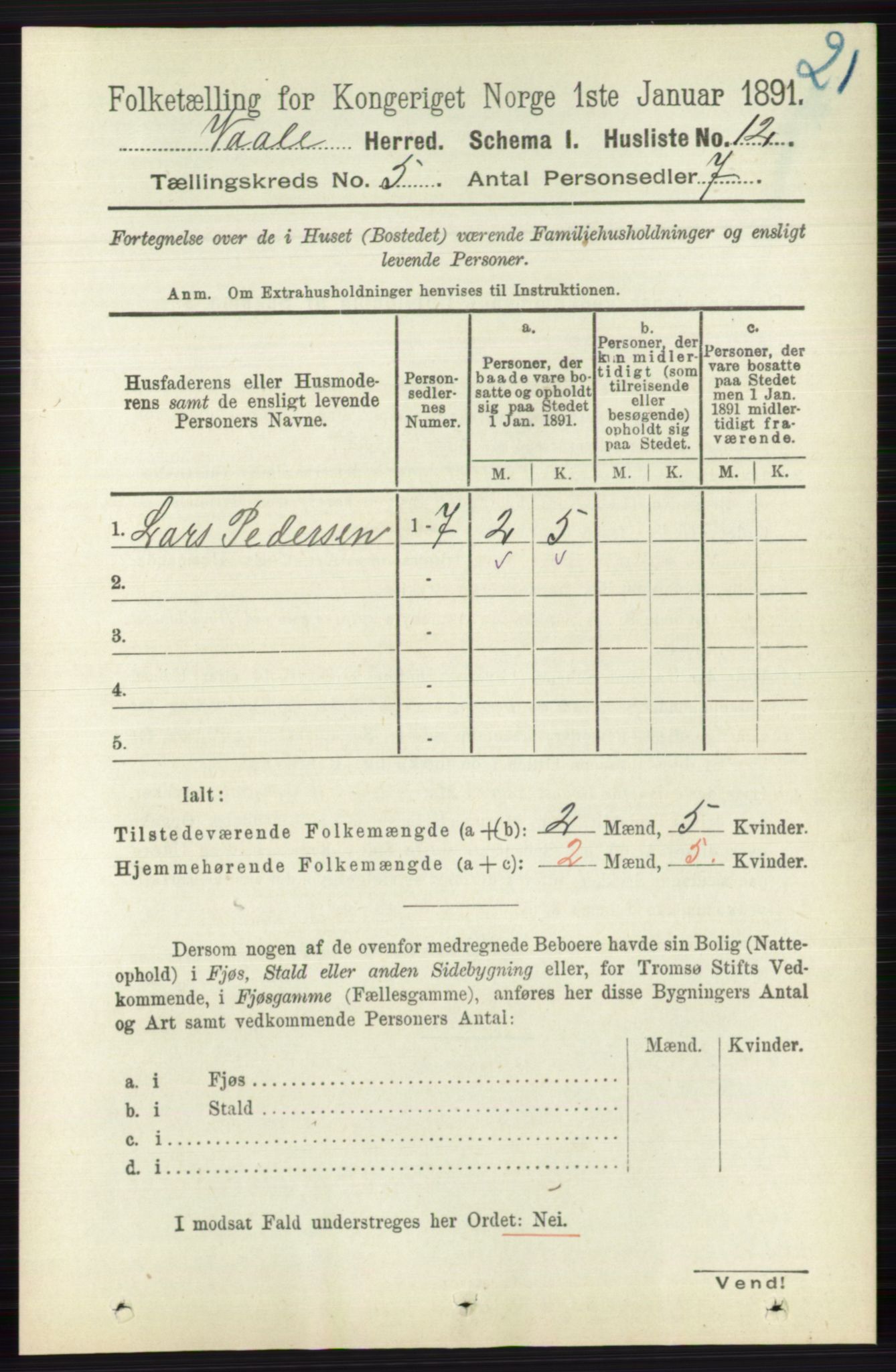 RA, 1891 census for 0716 Våle, 1891, p. 1311