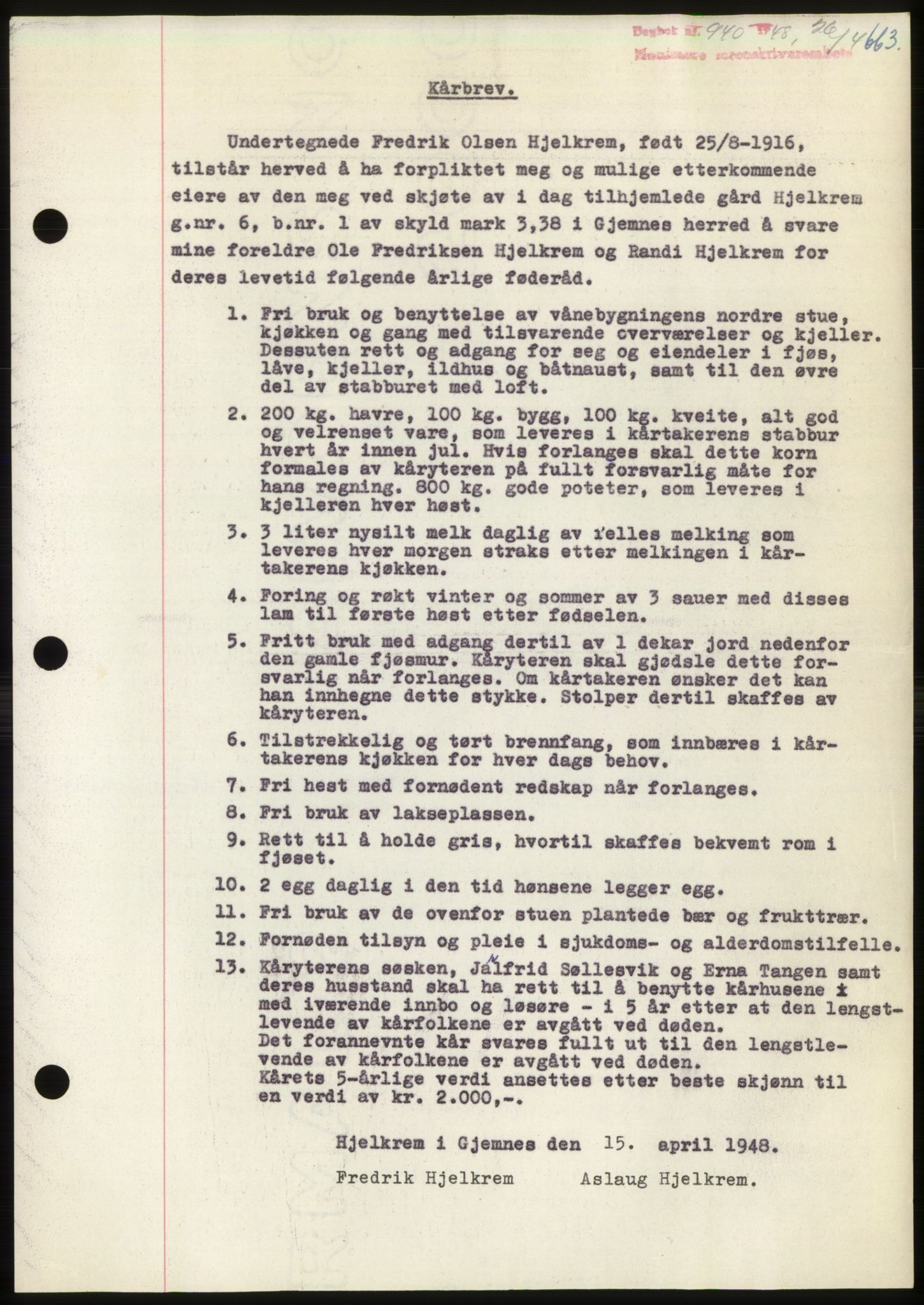 Nordmøre sorenskriveri, AV/SAT-A-4132/1/2/2Ca: Mortgage book no. B98, 1948-1948, Diary no: : 940/1948