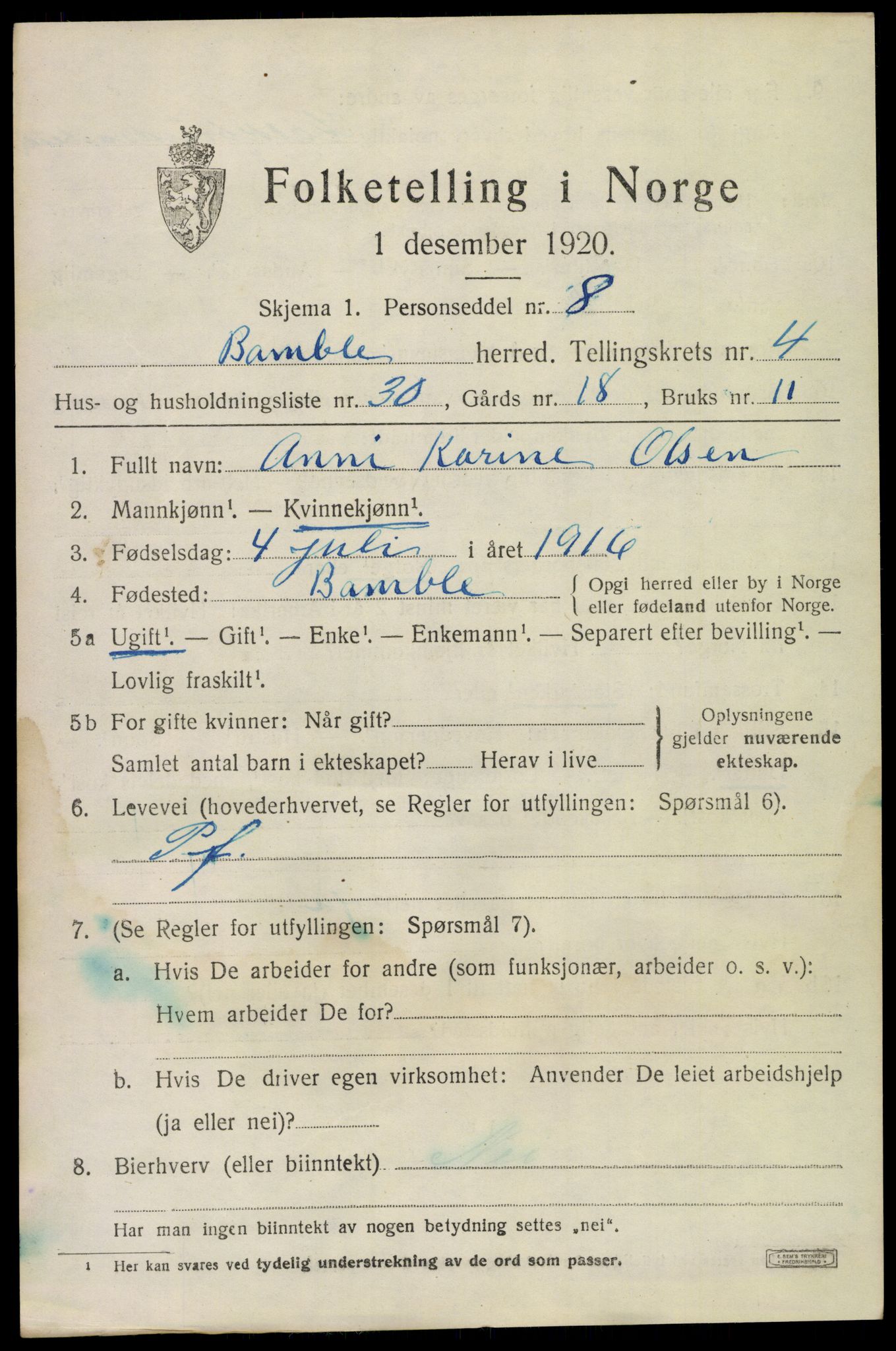 SAKO, 1920 census for Bamble, 1920, p. 4751