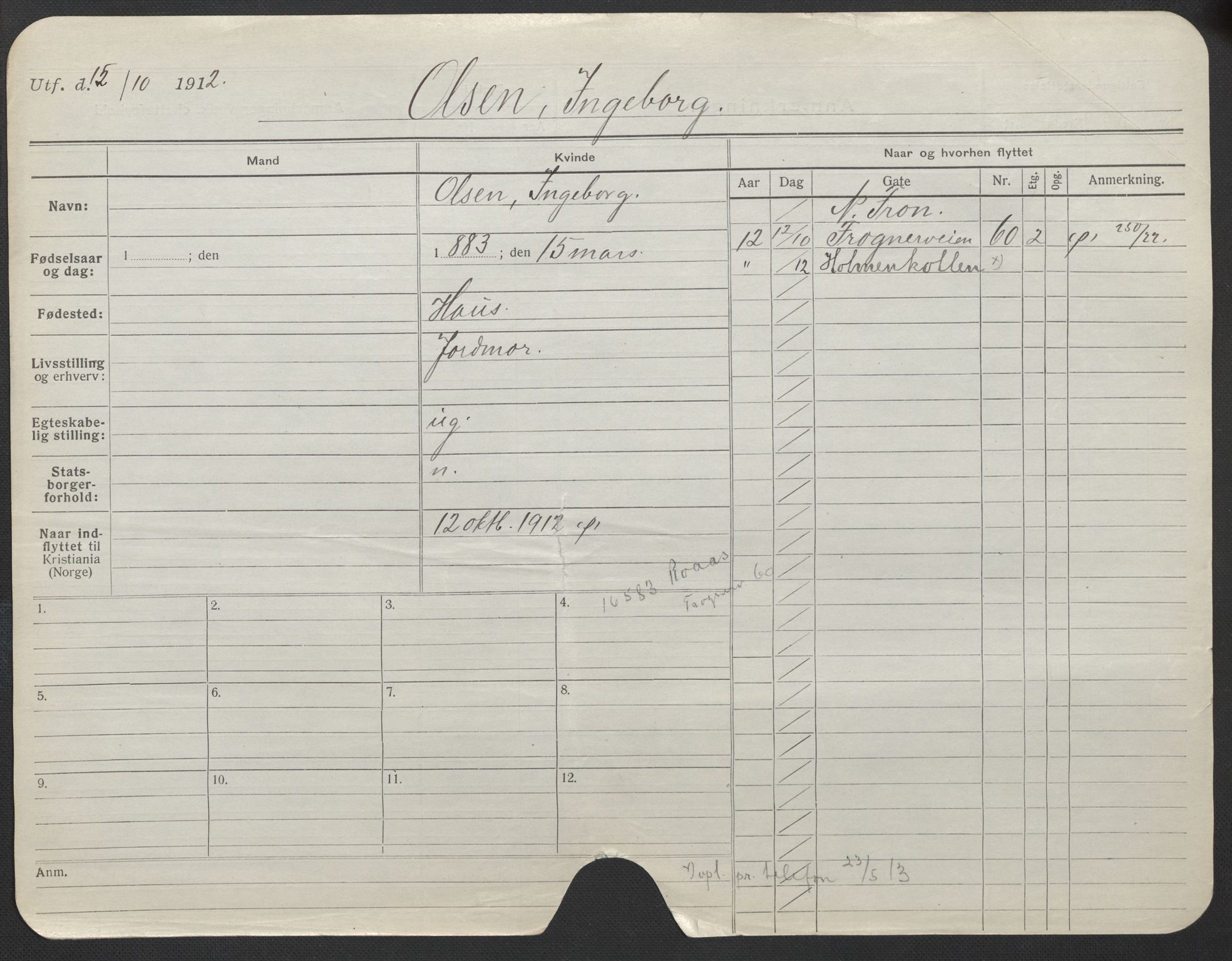 Oslo folkeregister, Registerkort, AV/SAO-A-11715/F/Fa/Fac/L0021: Kvinner, 1906-1914, p. 1176a