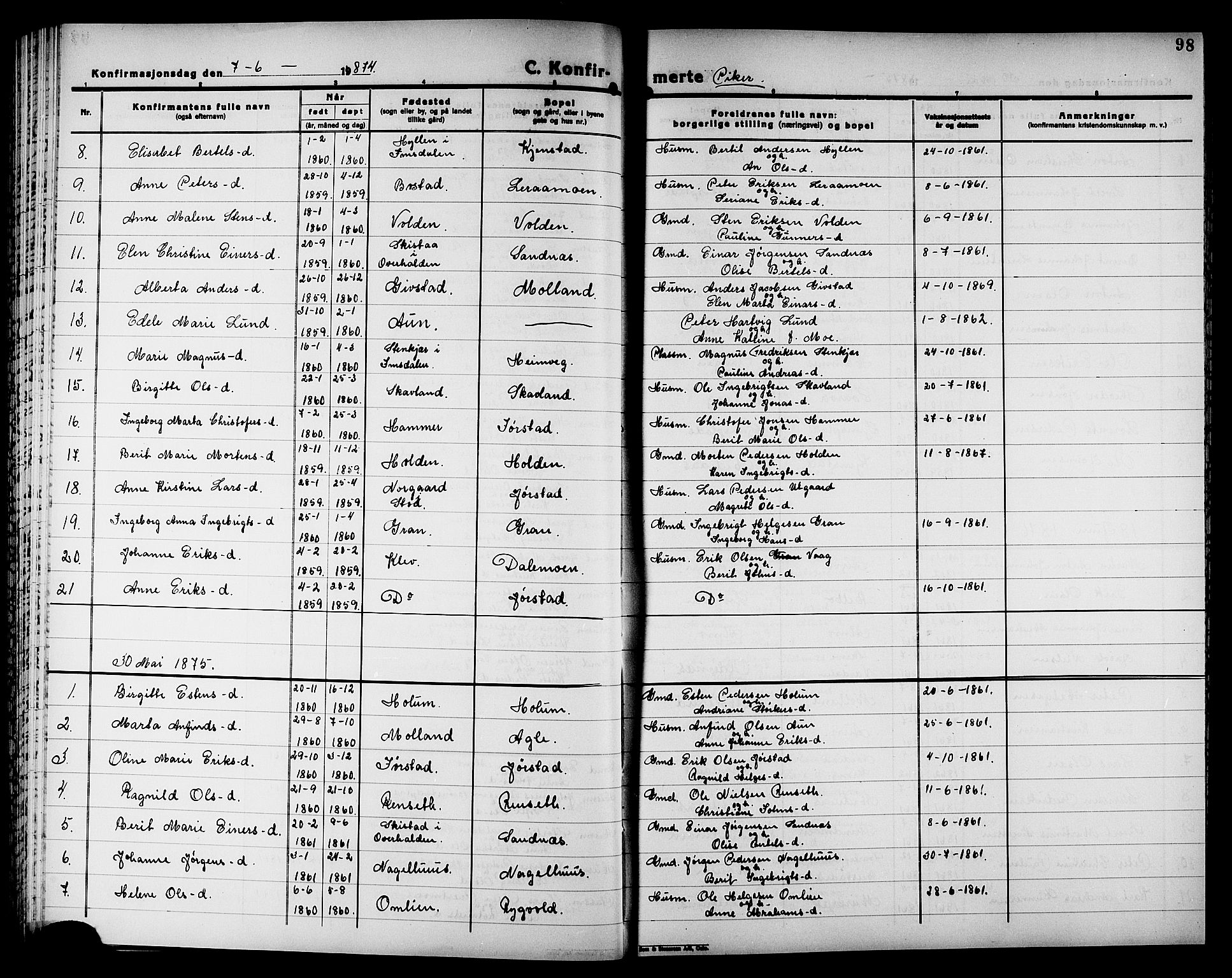 Ministerialprotokoller, klokkerbøker og fødselsregistre - Nord-Trøndelag, AV/SAT-A-1458/749/L0486: Parish register (official) no. 749D02, 1873-1887, p. 98