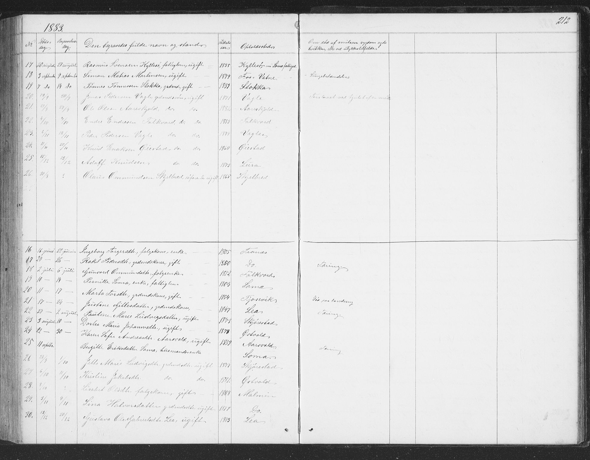 Høyland sokneprestkontor, SAST/A-101799/001/30BB/L0002: Parish register (copy) no. B 2, 1874-1886, p. 212