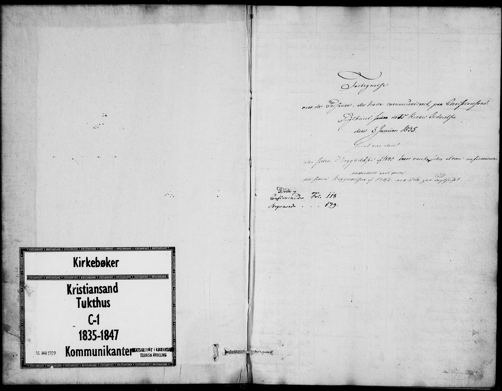 Kristiansand tukthus, AV/SAK-1251-0009/I/Ih/L0002: Communicants register no. C 1, 1835-1847