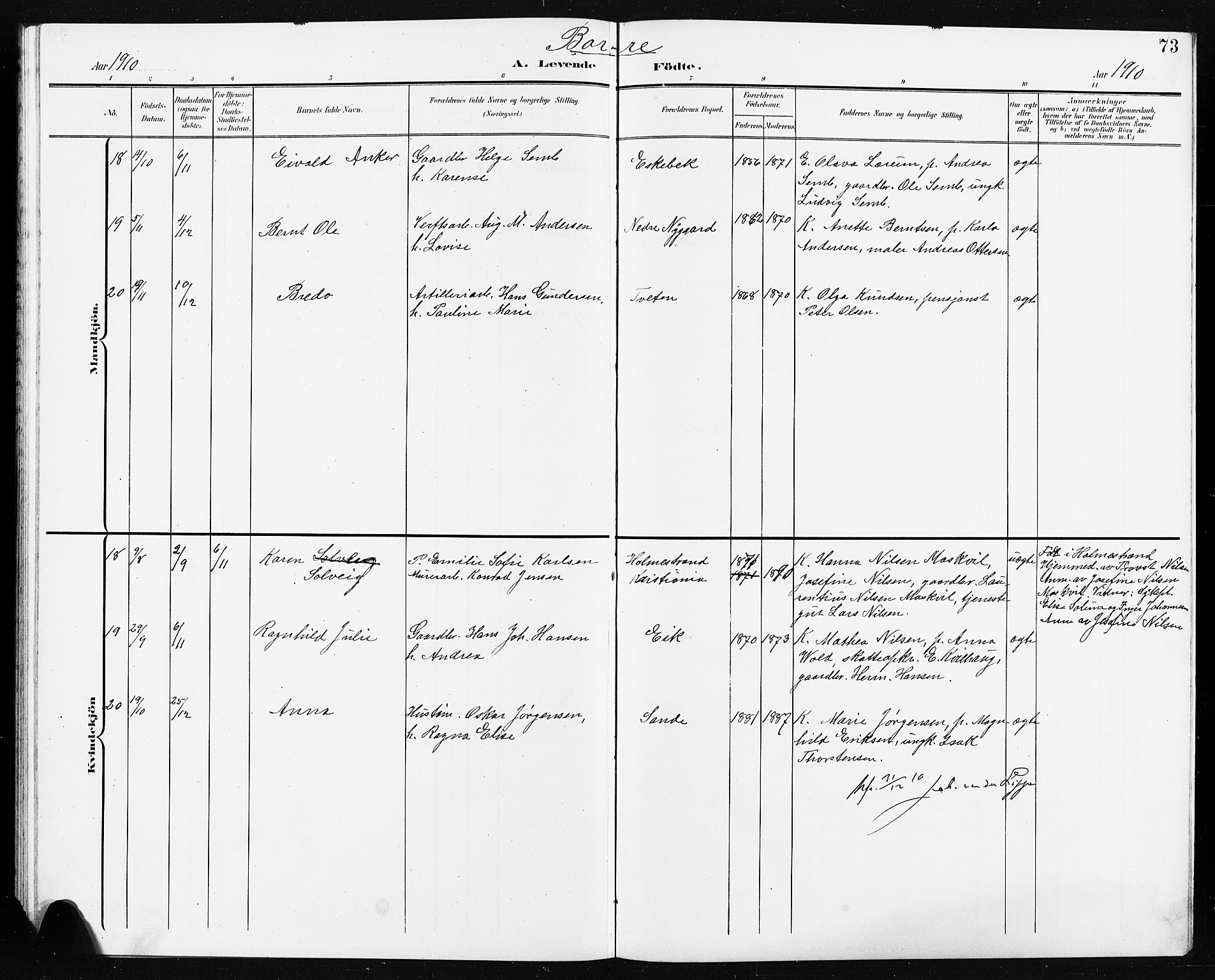 Borre kirkebøker, AV/SAKO-A-338/G/Ga/L0005: Parish register (copy) no. I 5, 1898-1910, p. 73