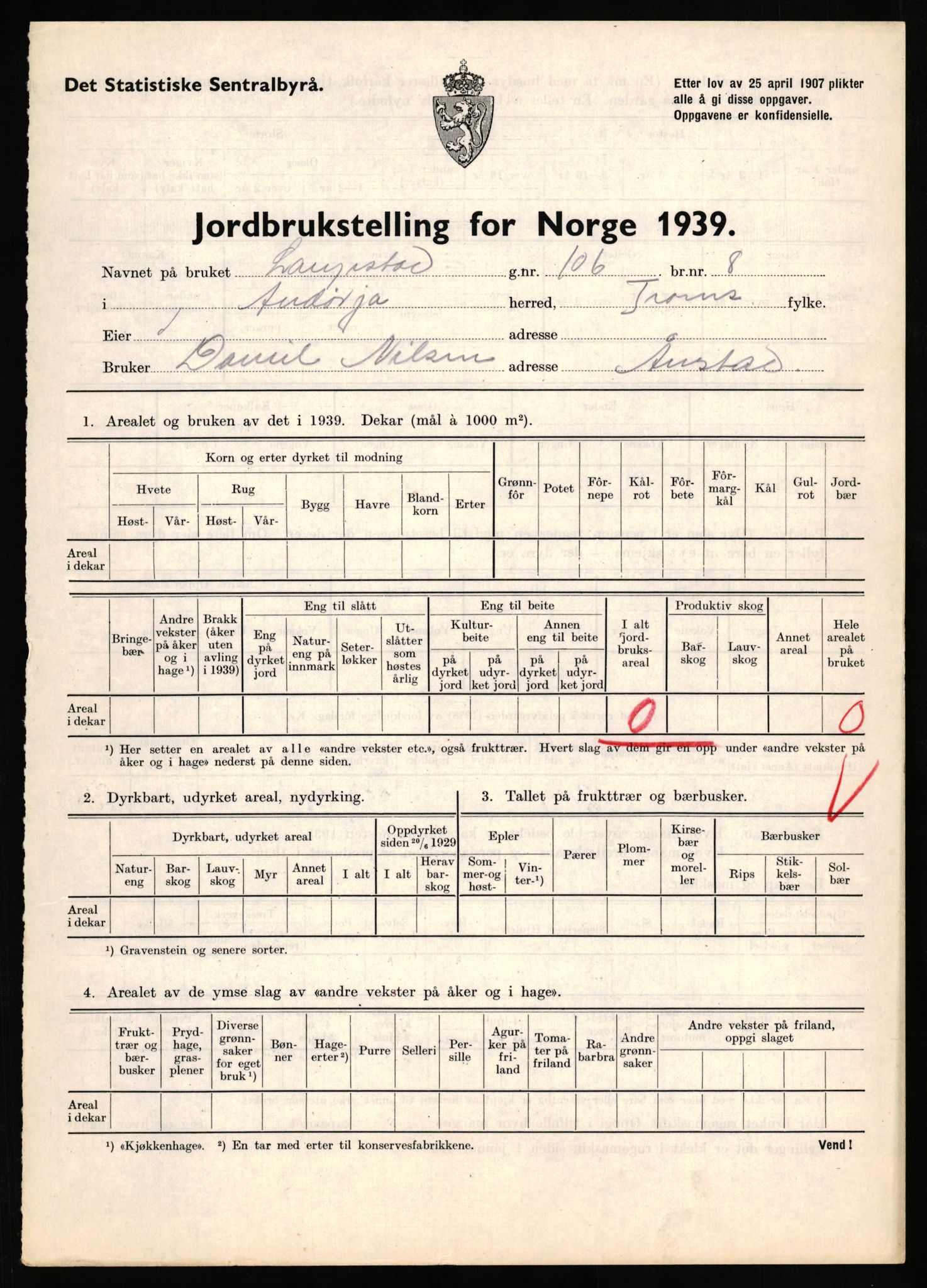 Statistisk sentralbyrå, Næringsøkonomiske emner, Jordbruk, skogbruk, jakt, fiske og fangst, AV/RA-S-2234/G/Gb/L0339: Troms: Andørja, Astafjord og Lavangen, 1939, p. 380