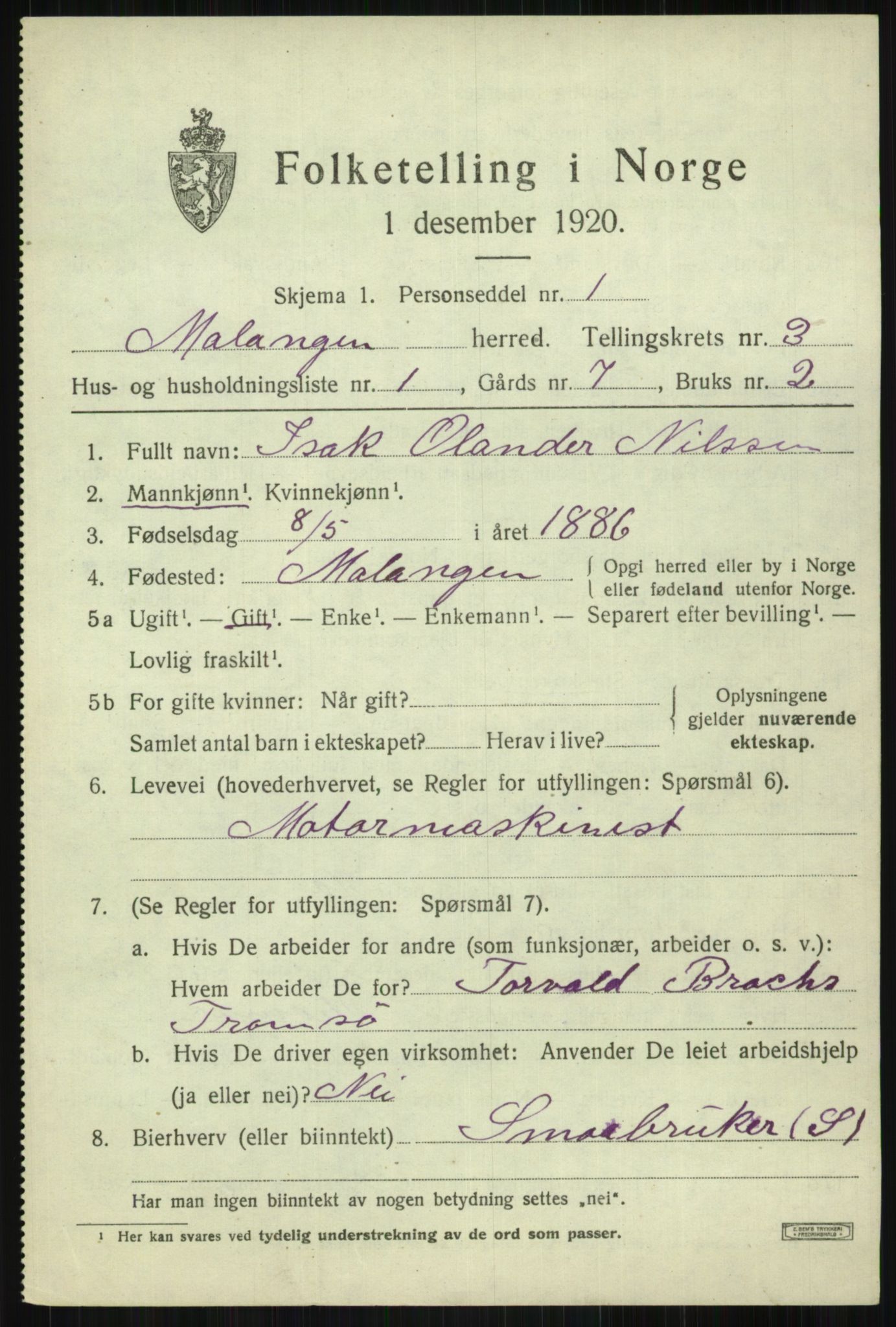 SATØ, 1920 census for Malangen, 1920, p. 1206