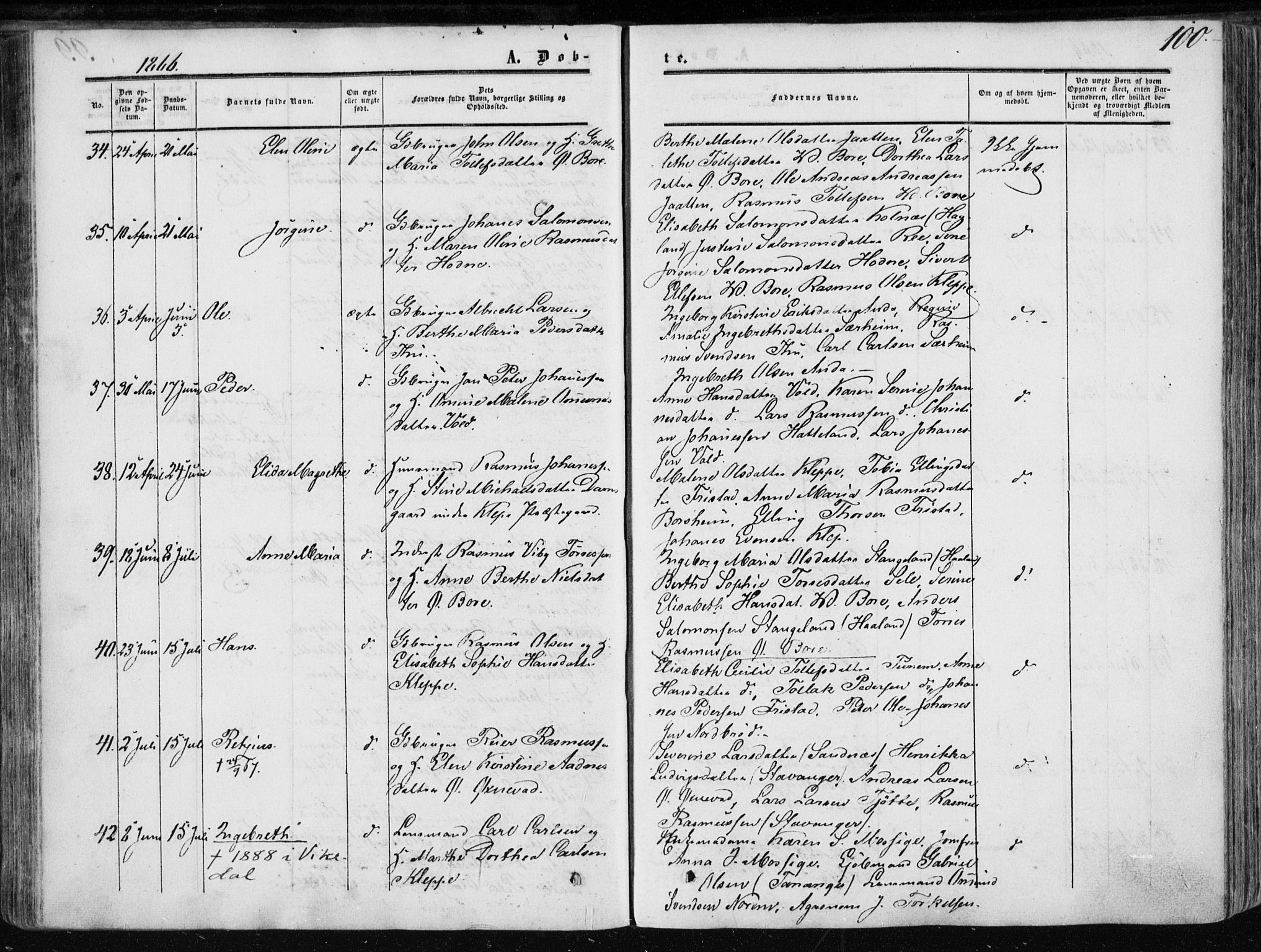 Klepp sokneprestkontor, SAST/A-101803/001/3/30BA/L0005: Parish register (official) no. A 5, 1853-1870, p. 100
