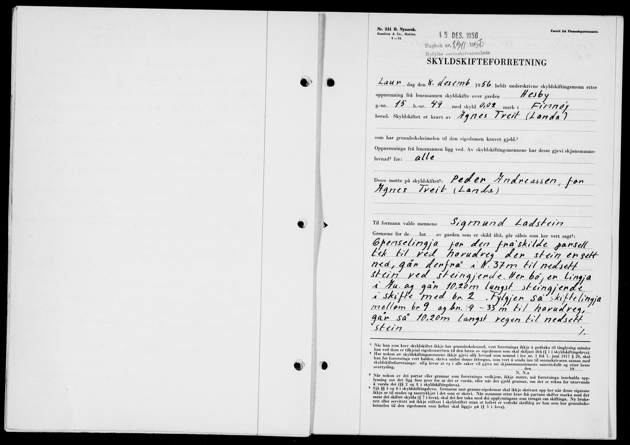 Ryfylke tingrett, AV/SAST-A-100055/001/II/IIB/L0135: Mortgage book no. 114, 1956-1957, Diary no: : 2311/1956