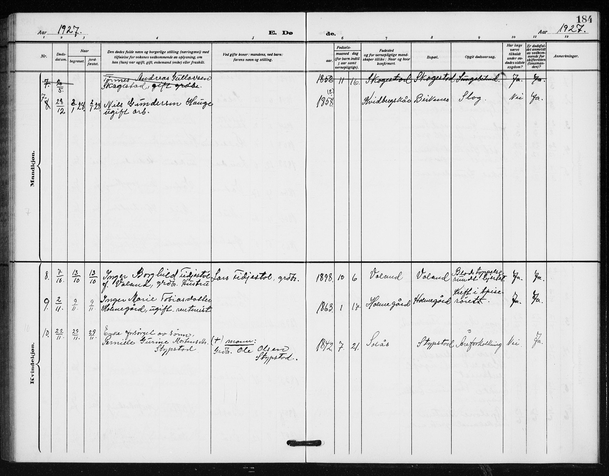 Holum sokneprestkontor, SAK/1111-0022/F/Fb/Fba/L0006: Parish register (copy) no. B 6, 1910-1936, p. 184