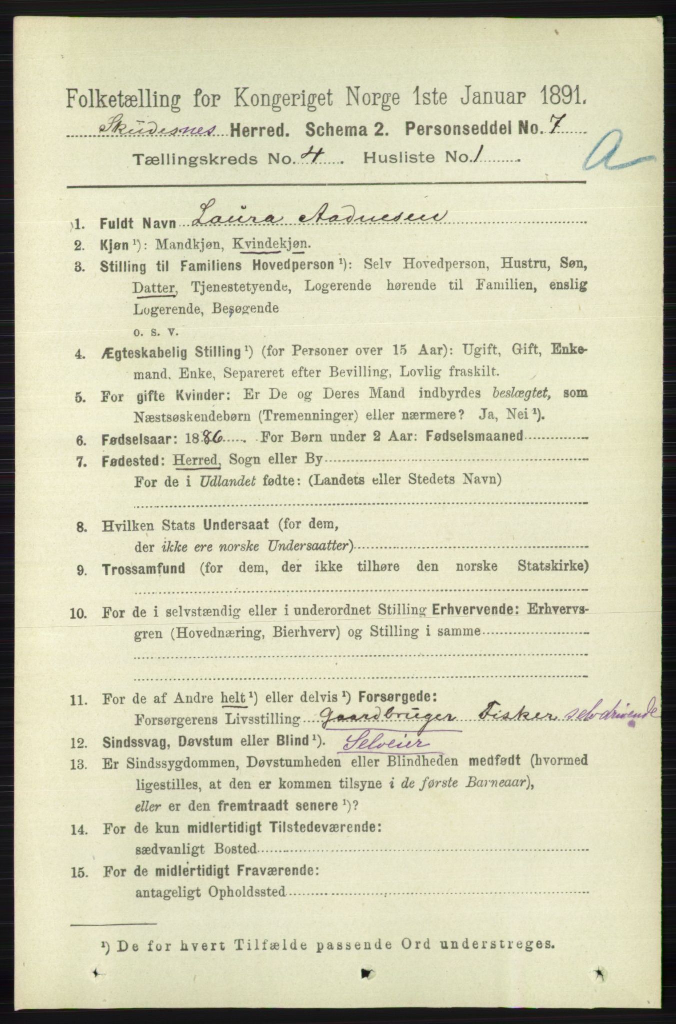 RA, 1891 census for 1150 Skudenes, 1891, p. 1876