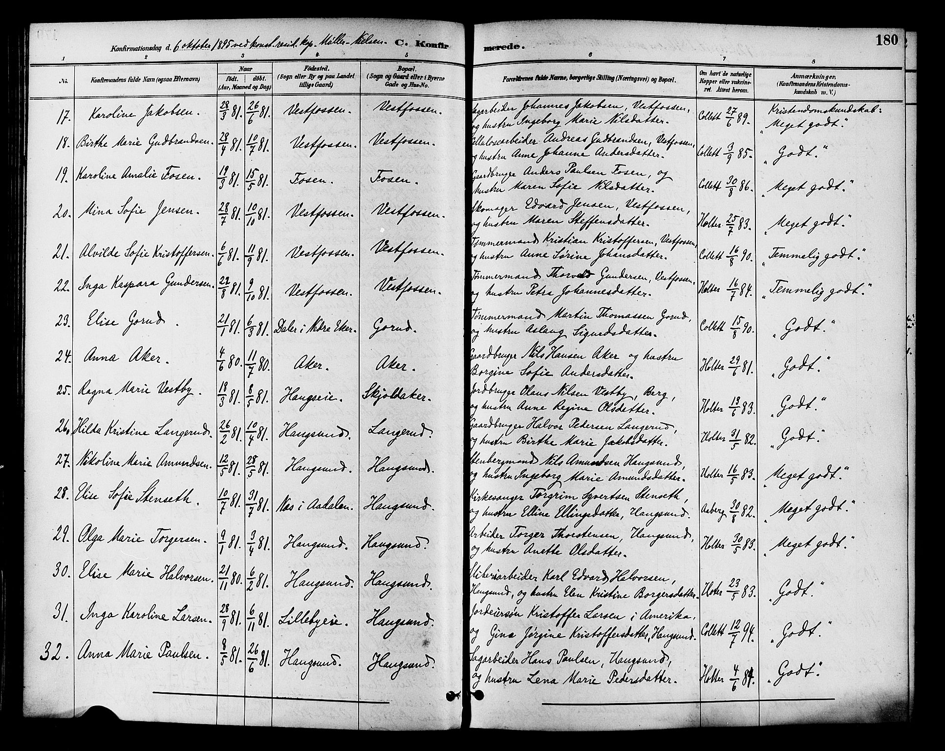 Eiker kirkebøker, SAKO/A-4/F/Fb/L0002: Parish register (official) no. II 2, 1889-1896, p. 180