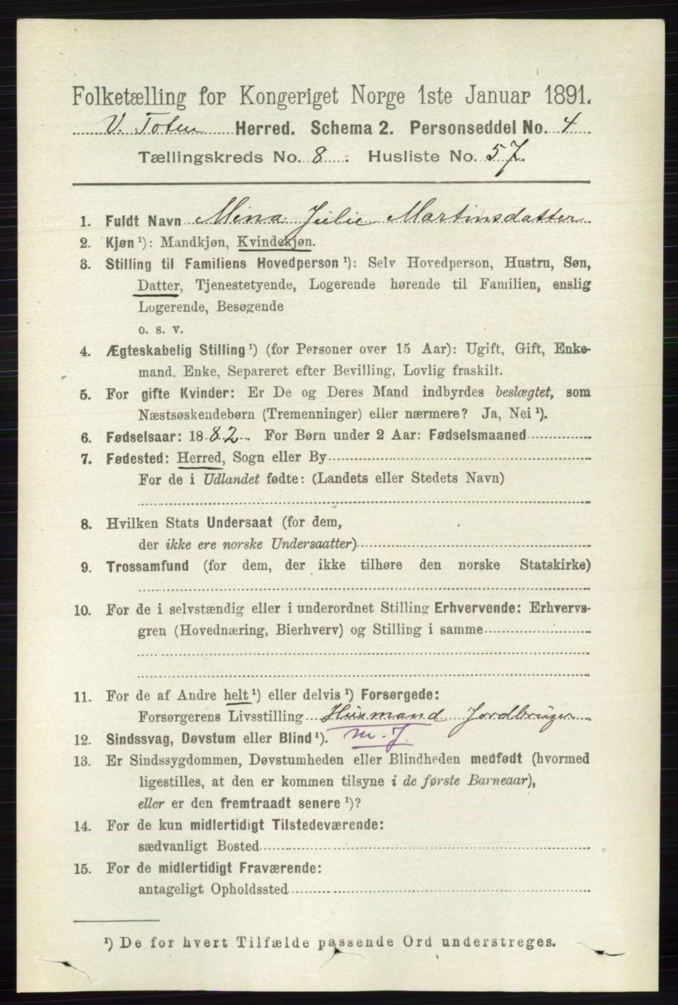 RA, 1891 census for 0529 Vestre Toten, 1891, p. 5337