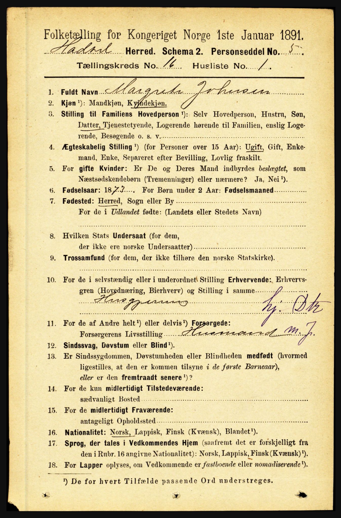 RA, 1891 census for 1866 Hadsel, 1891, p. 7276